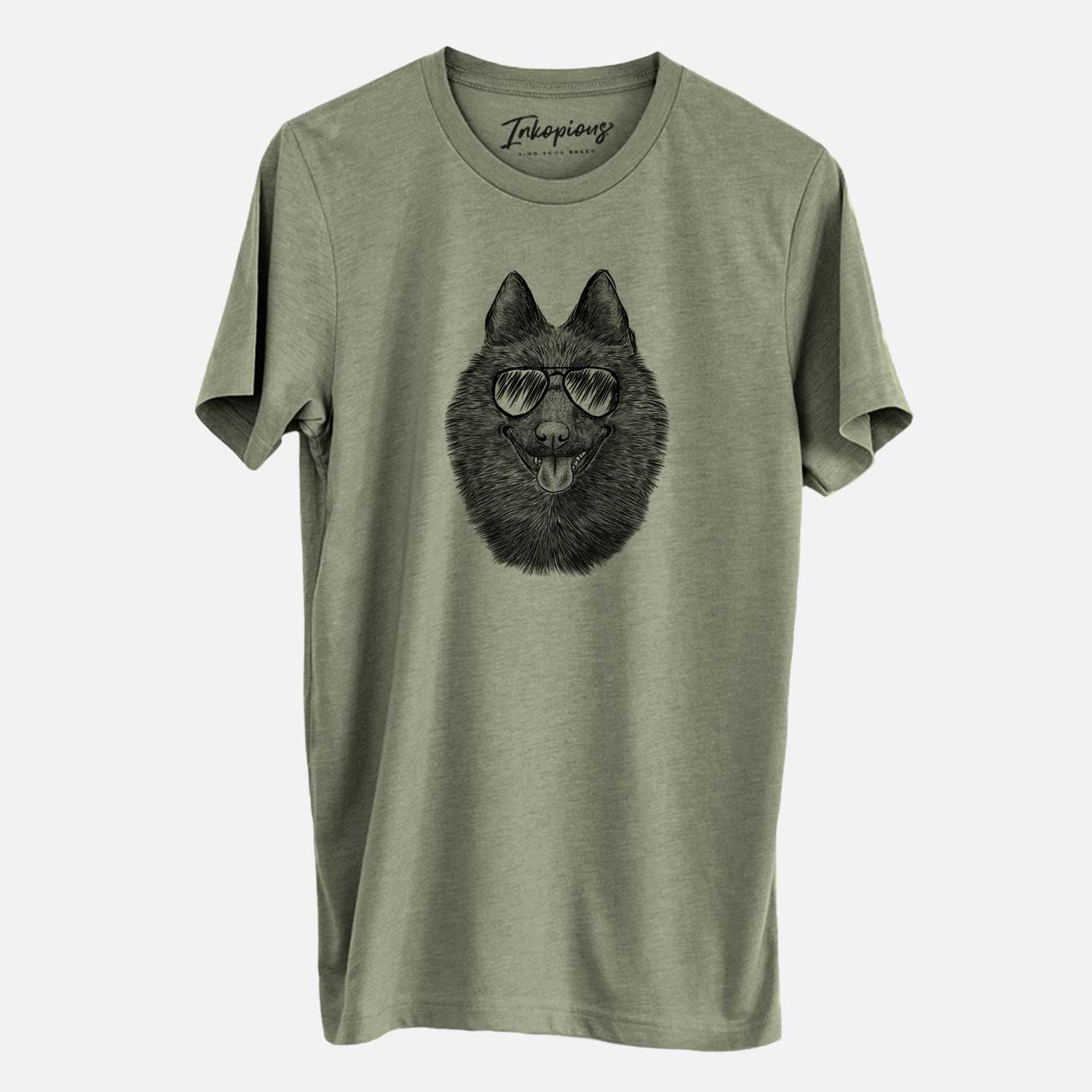Hand-drawn sketch of Sander the Schipperke wearing aviator sunglasses on an Olive Unisex crewneck