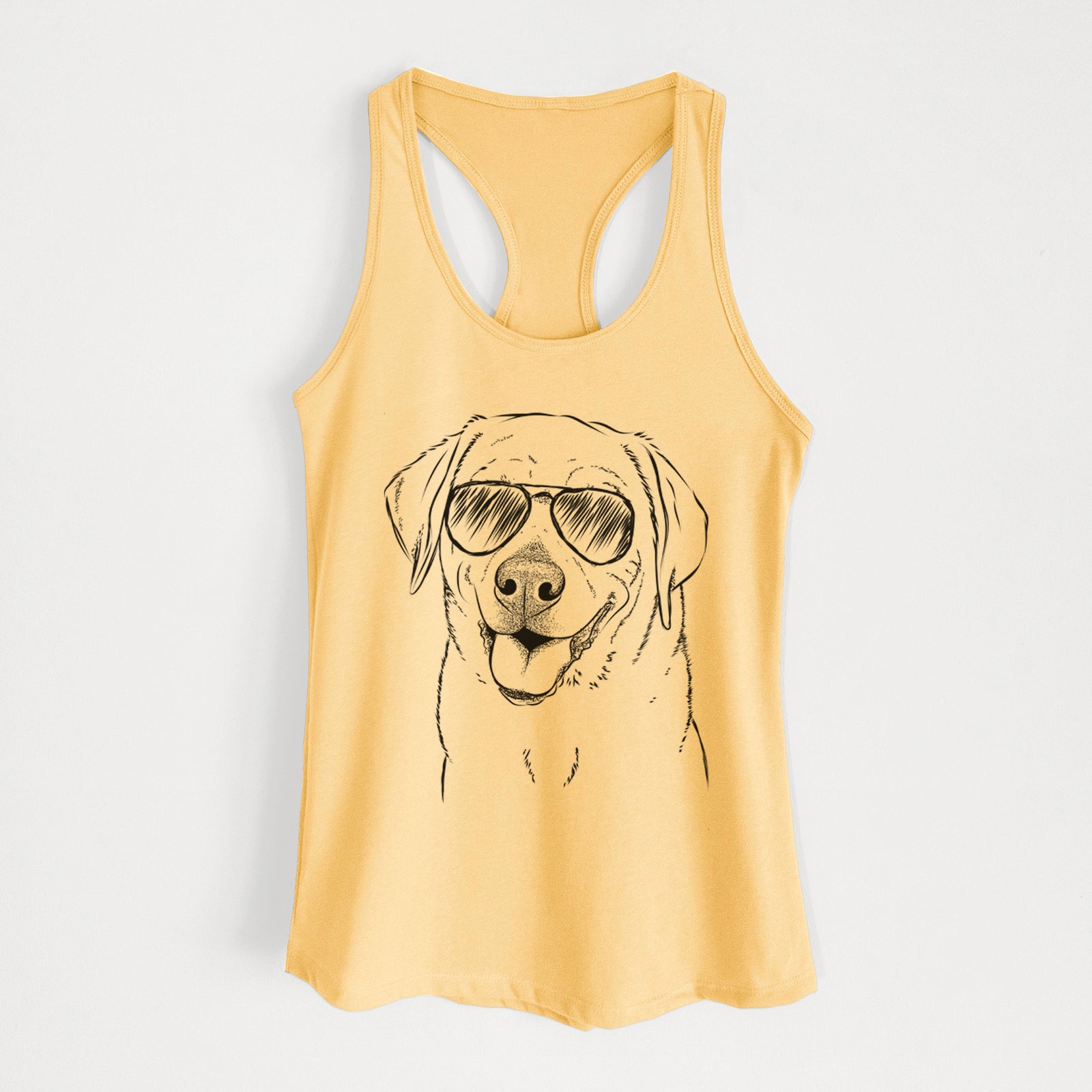 Hand-drawn sketch of Sanford the Labrador Retriever wearing aviator sunglasses on a Banana Cream Women's racerback tanktop