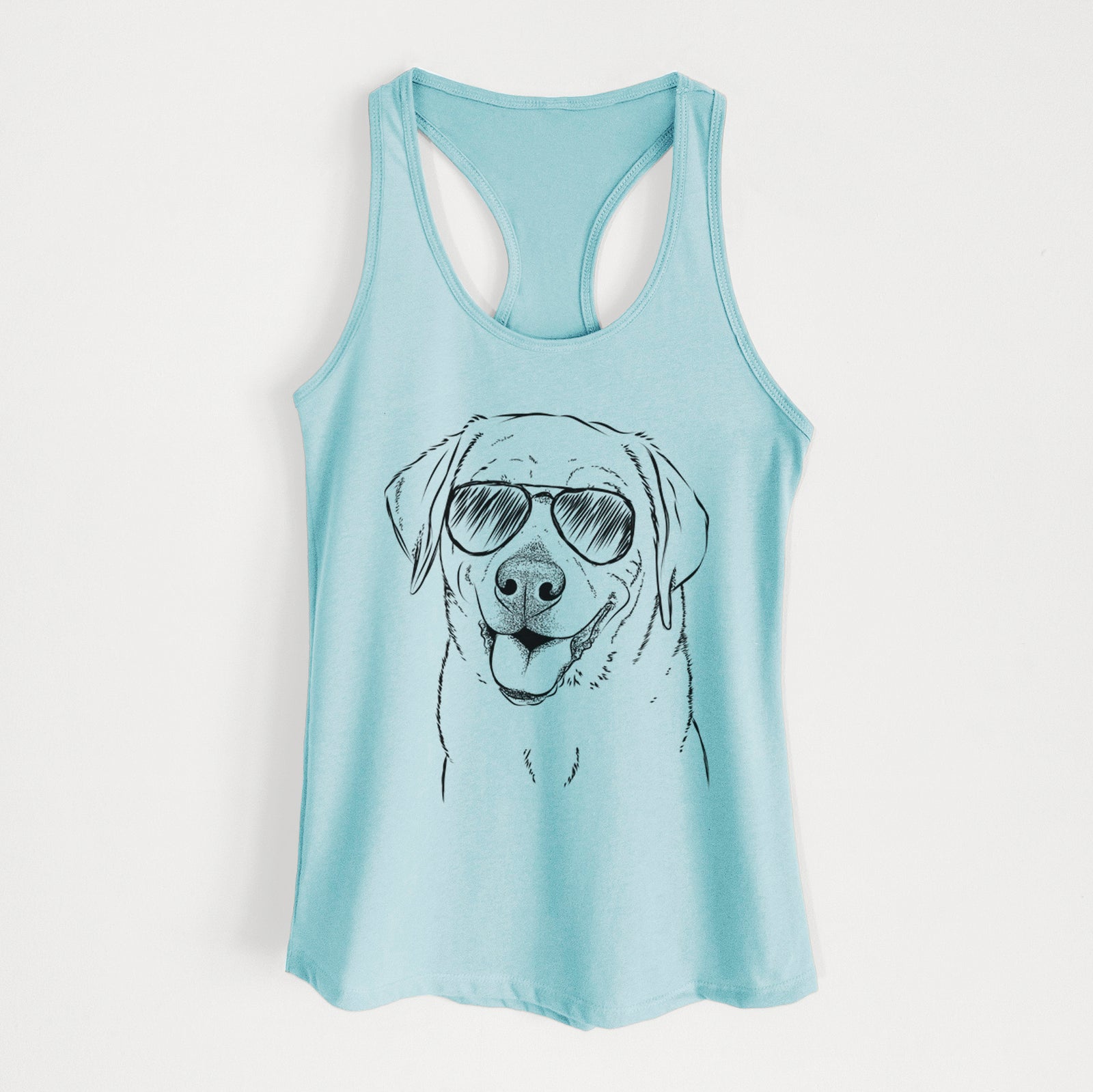 Hand-drawn sketch of Sanford the Labrador Retriever wearing aviator sunglasses on a Cancun Blue Women's racerback tanktop
