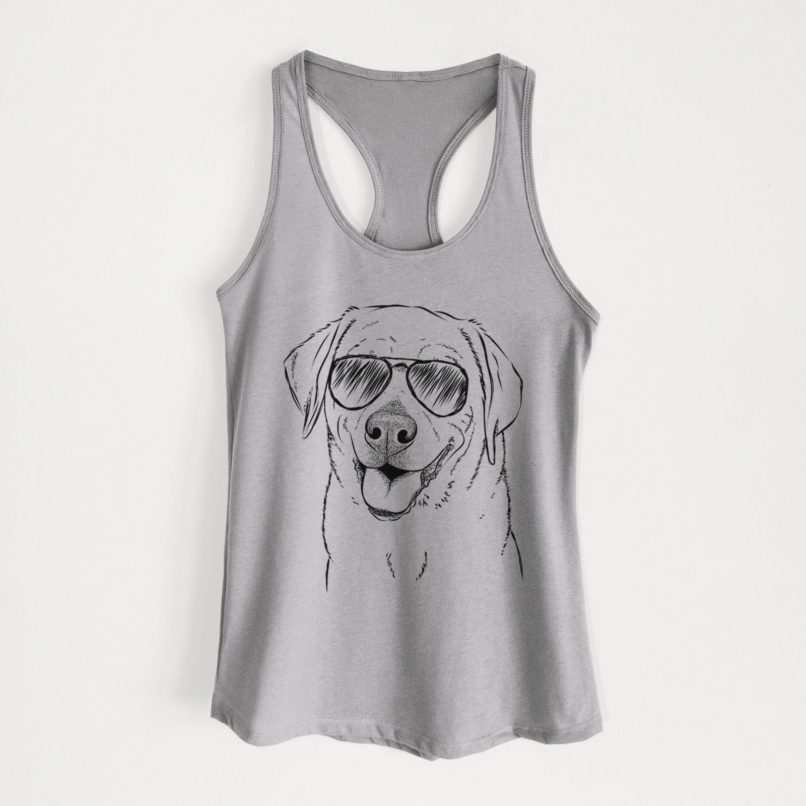 Hand-drawn sketch of Sanford the Labrador Retriever wearing aviator sunglasses on a Heather Grey Women's racerback tanktop