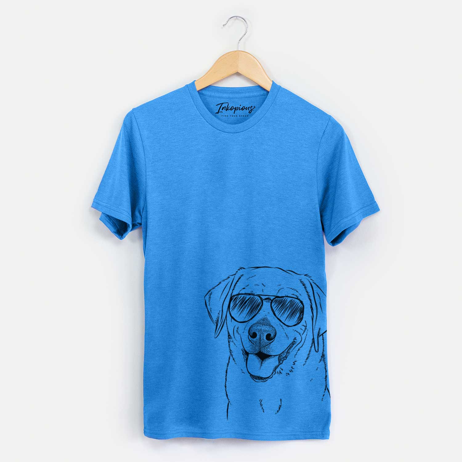 Hand-drawn sketch of Sanford the Labrador Retriever wearing aviator sunglasses on a Blue Unisex crewneck