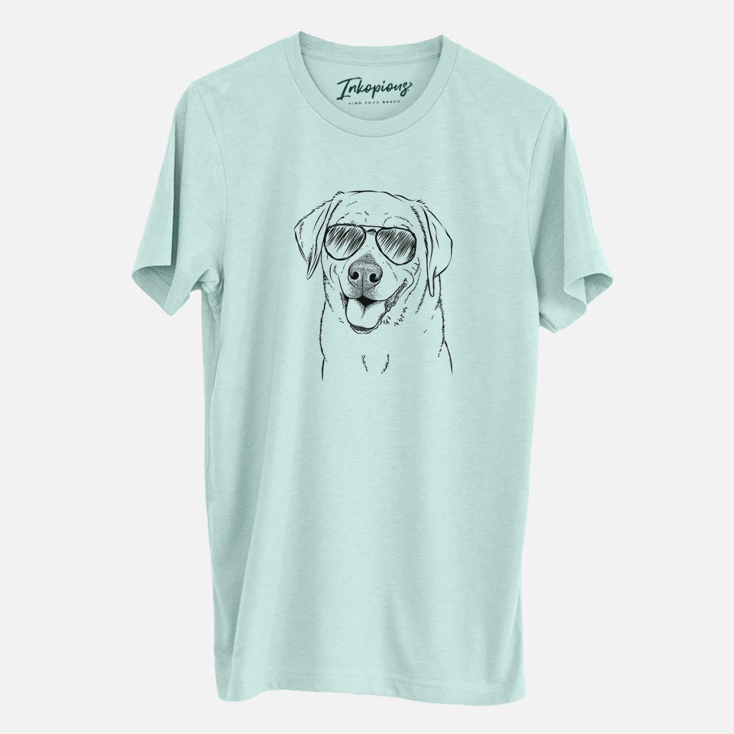 Hand-drawn sketch of Sanford the Labrador Retriever wearing aviator sunglasses on a Heather Sage Unisex crewneck