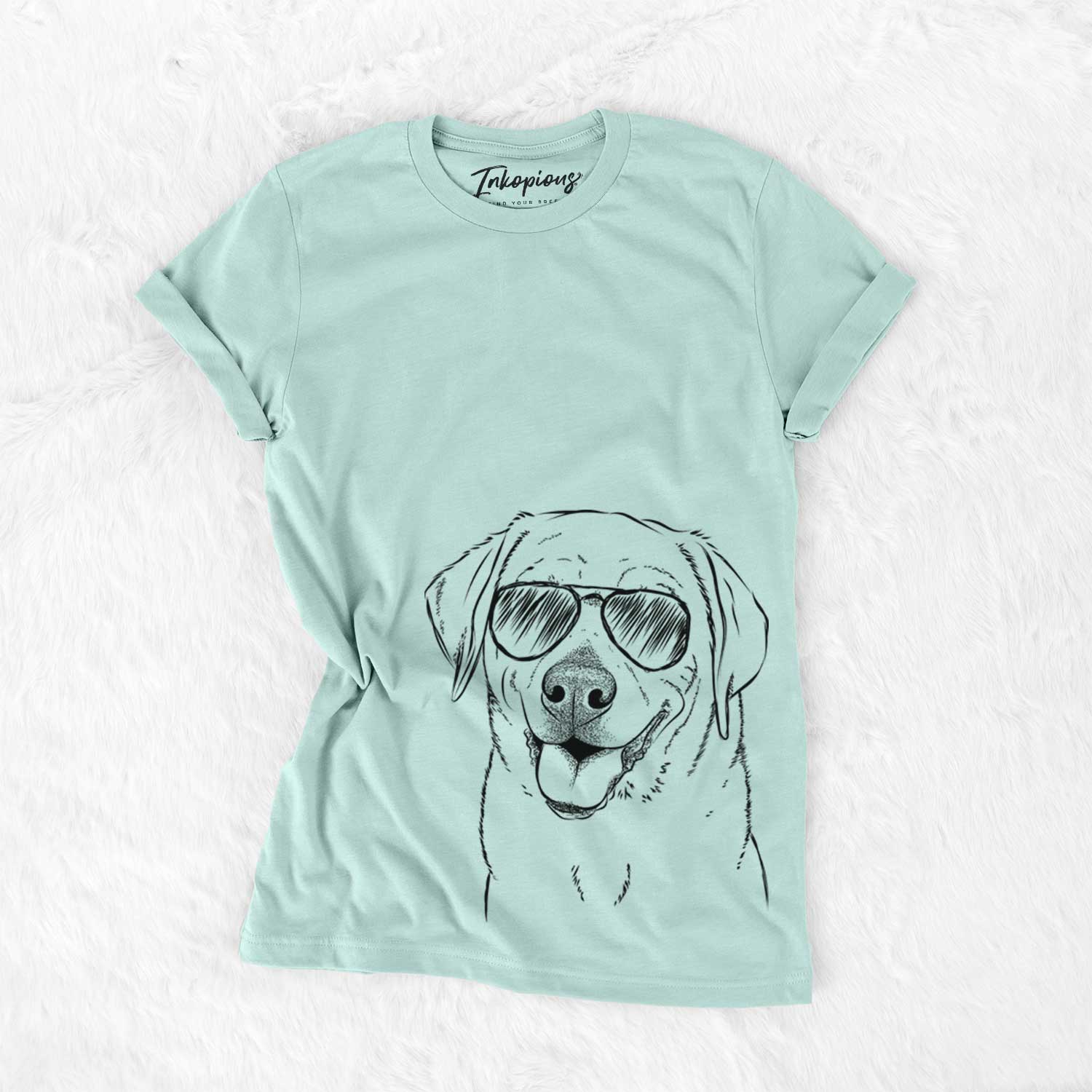 Hand-drawn sketch of Sanford the Labrador Retriever wearing aviator sunglasses on a Heather Sage Unisex crewneck