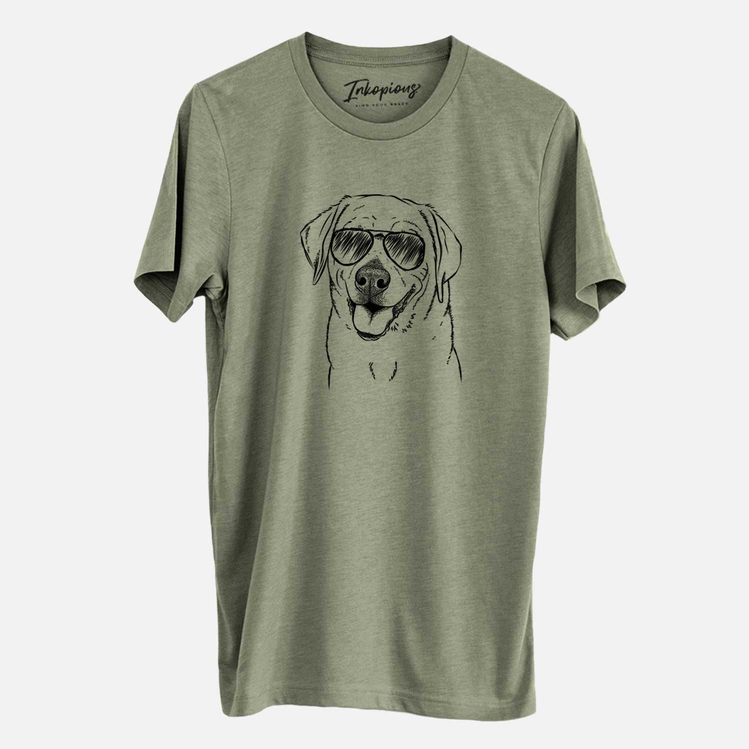 Hand-drawn sketch of Sanford the Labrador Retriever wearing aviator sunglasses on an Olive Unisex crewneck