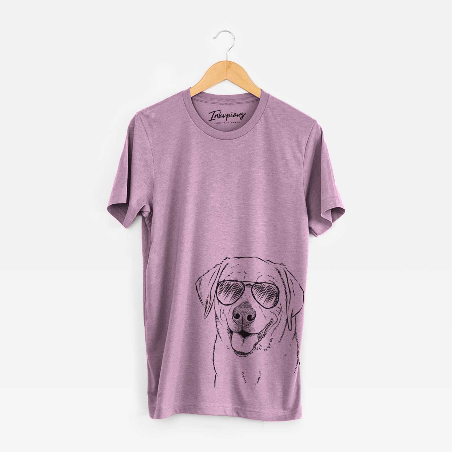 Hand-drawn sketch of Sanford the Labrador Retriever wearing aviator sunglasses on an Orchid Unisex crewneck