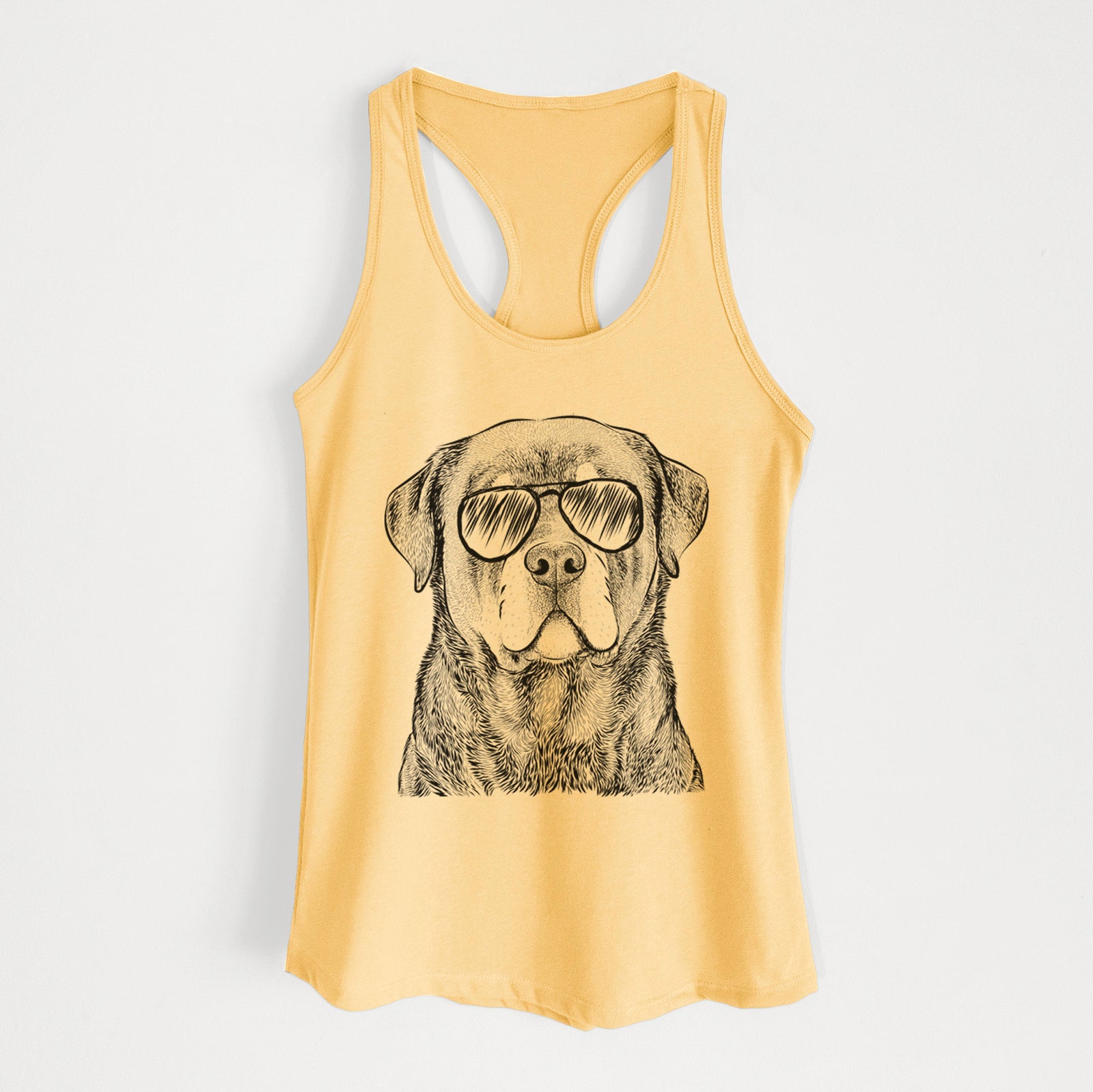 Hand-drawn sketch of Sarge the Rottweiler wearing aviator sunglasses on a Banana Cream Women's racerback tanktop