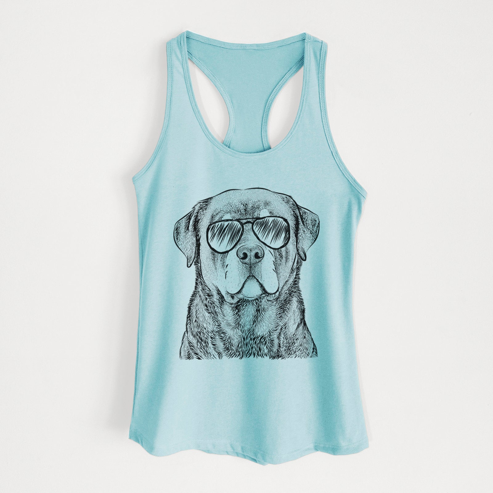 Hand-drawn sketch of Sarge the Rottweiler wearing aviator sunglasses on a Cancun Blue Women's racerback tanktop