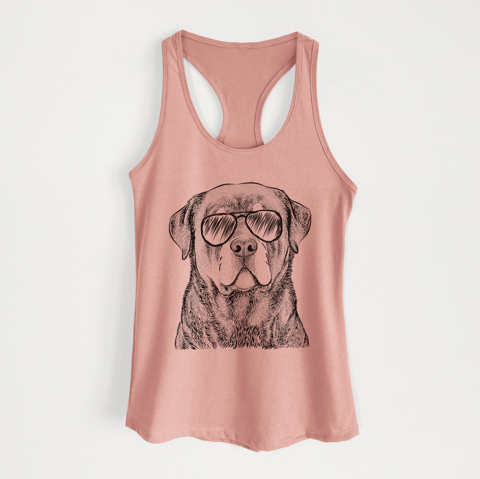Hand-drawn sketch of Sarge the Rottweiler wearing aviator sunglasses on a Desert Pink Women's racerback tanktop