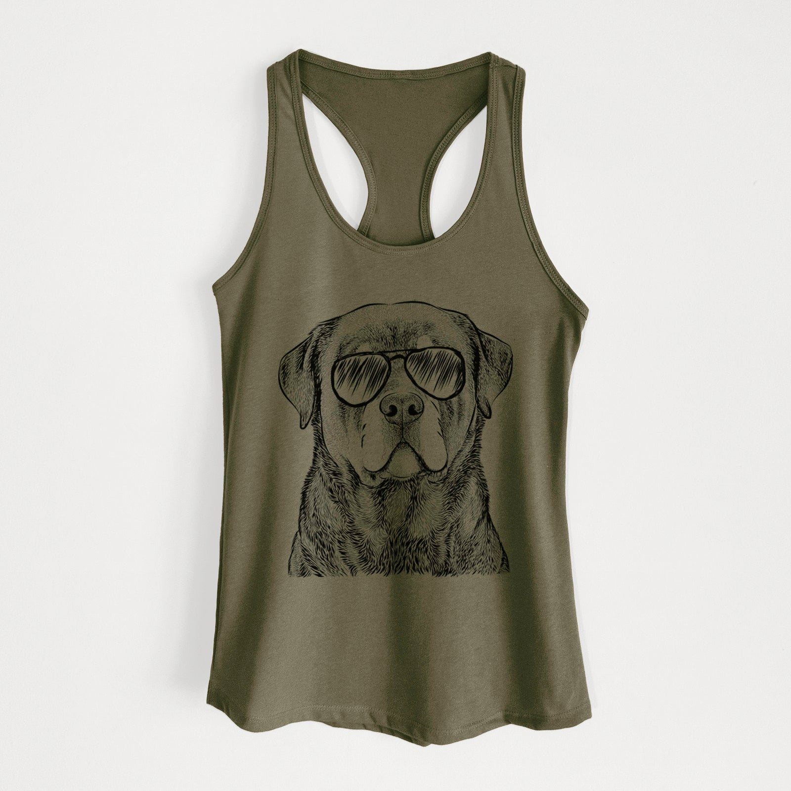 Hand-drawn sketch of Sarge the Rottweiler wearing aviator sunglasses on a Military Green Women's racerback tanktop