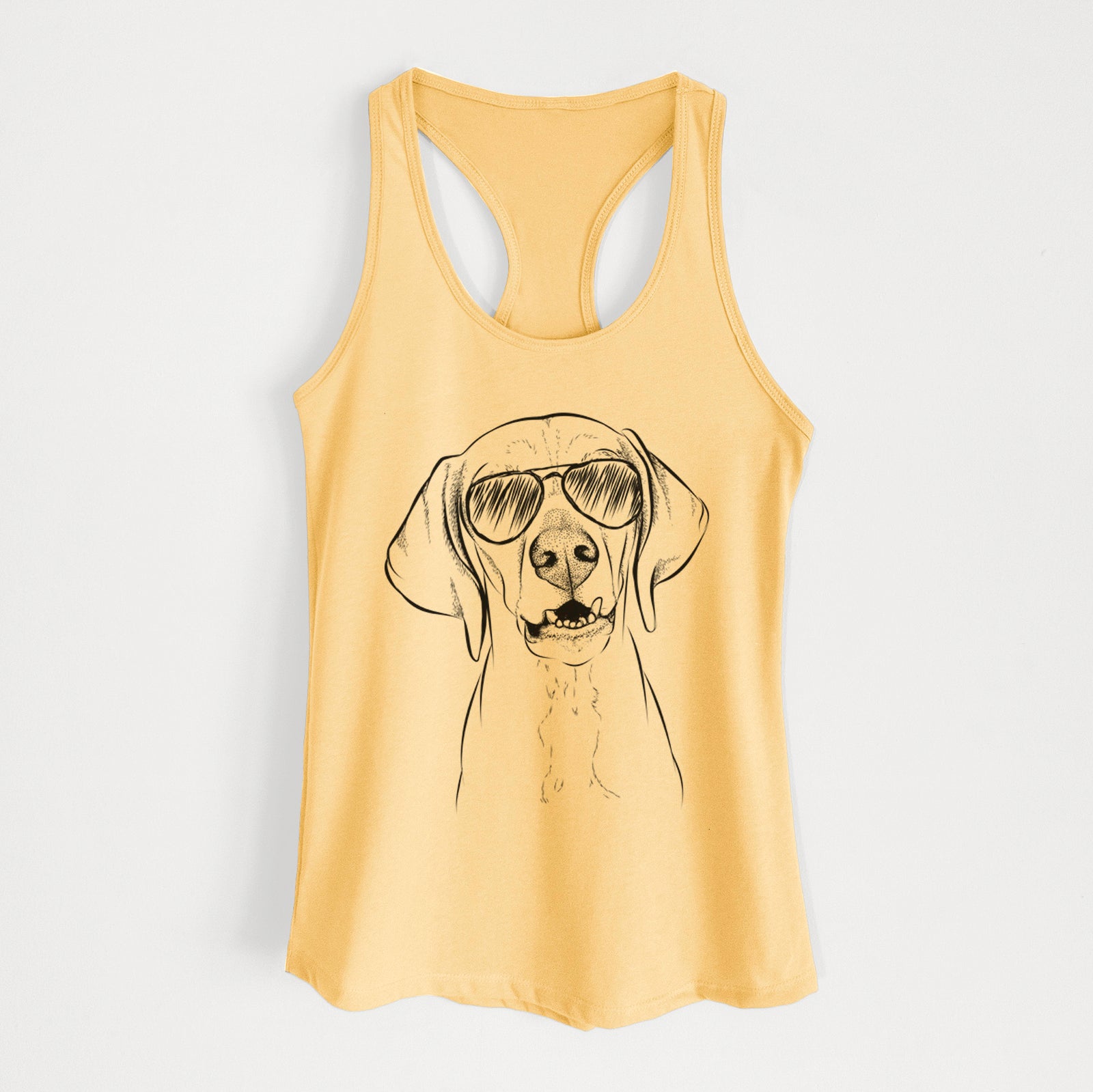 Hand-drawn sketch of Sarge the Vizsla wearing aviator sunglasses on a Banana Cream Women's racerback tanktop
