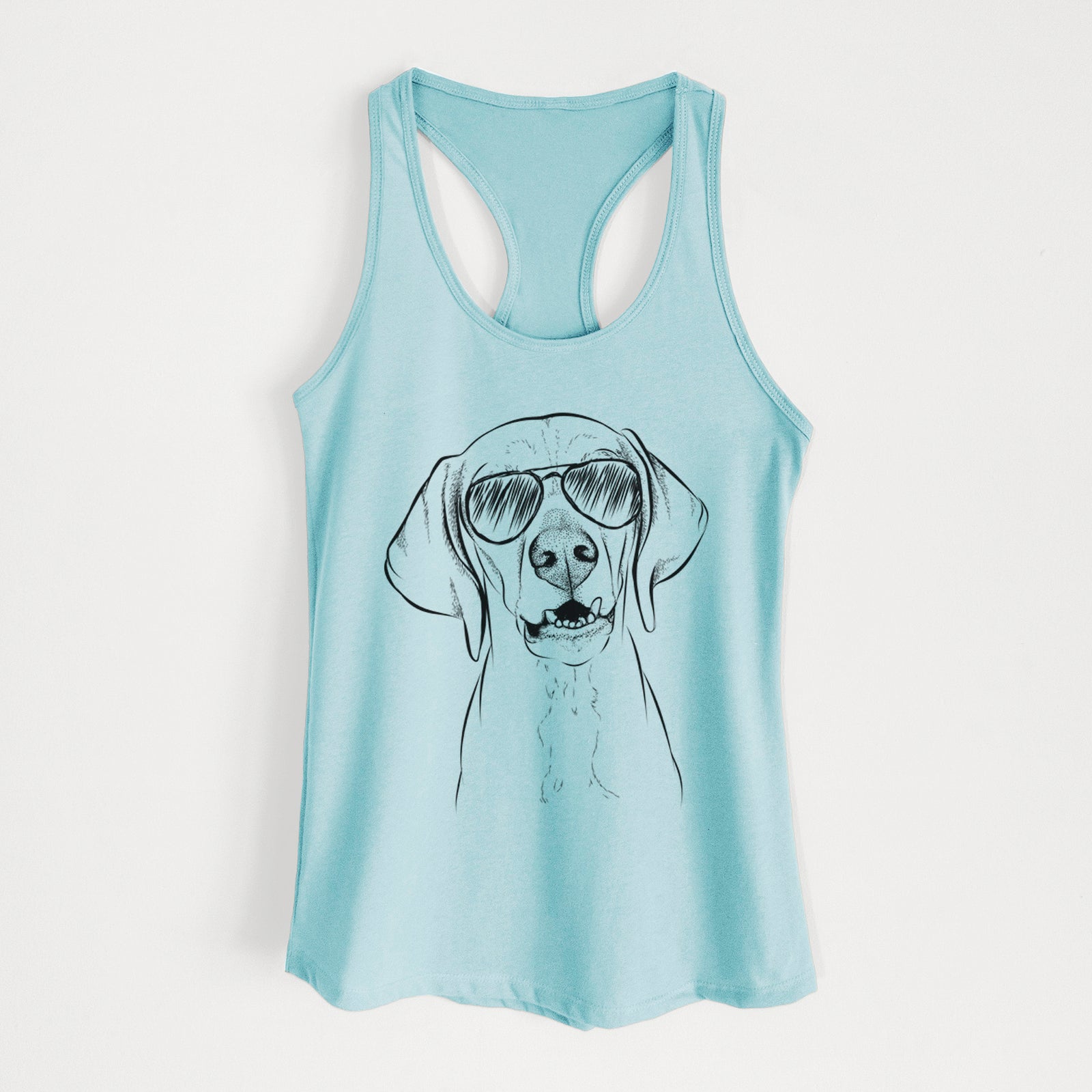 Hand-drawn sketch of Sarge the Vizsla wearing aviator sunglasses on a Cancun Blue Women's racerback tanktop