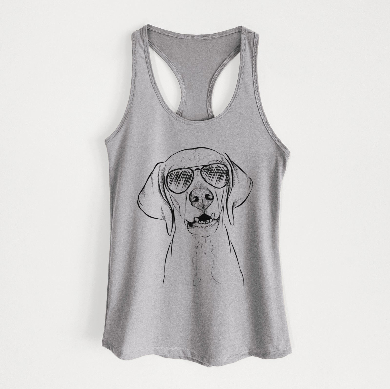 Hand-drawn sketch of Sarge the Vizsla wearing aviator sunglasses on a Heather Grey Women's racerback tanktop