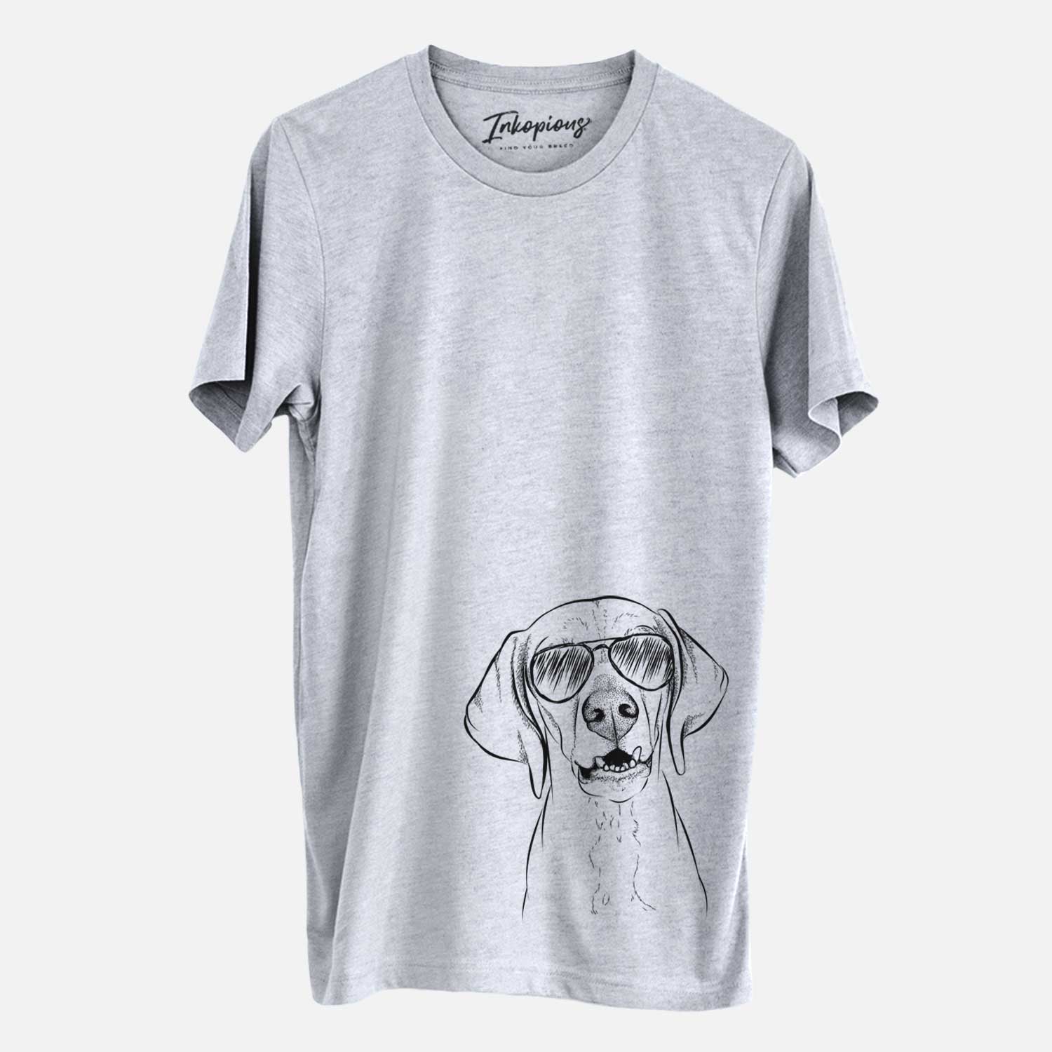 Hand-drawn sketch of Sarge the Vizsla wearing aviator sunglasses on a Grey Unisex crewneck