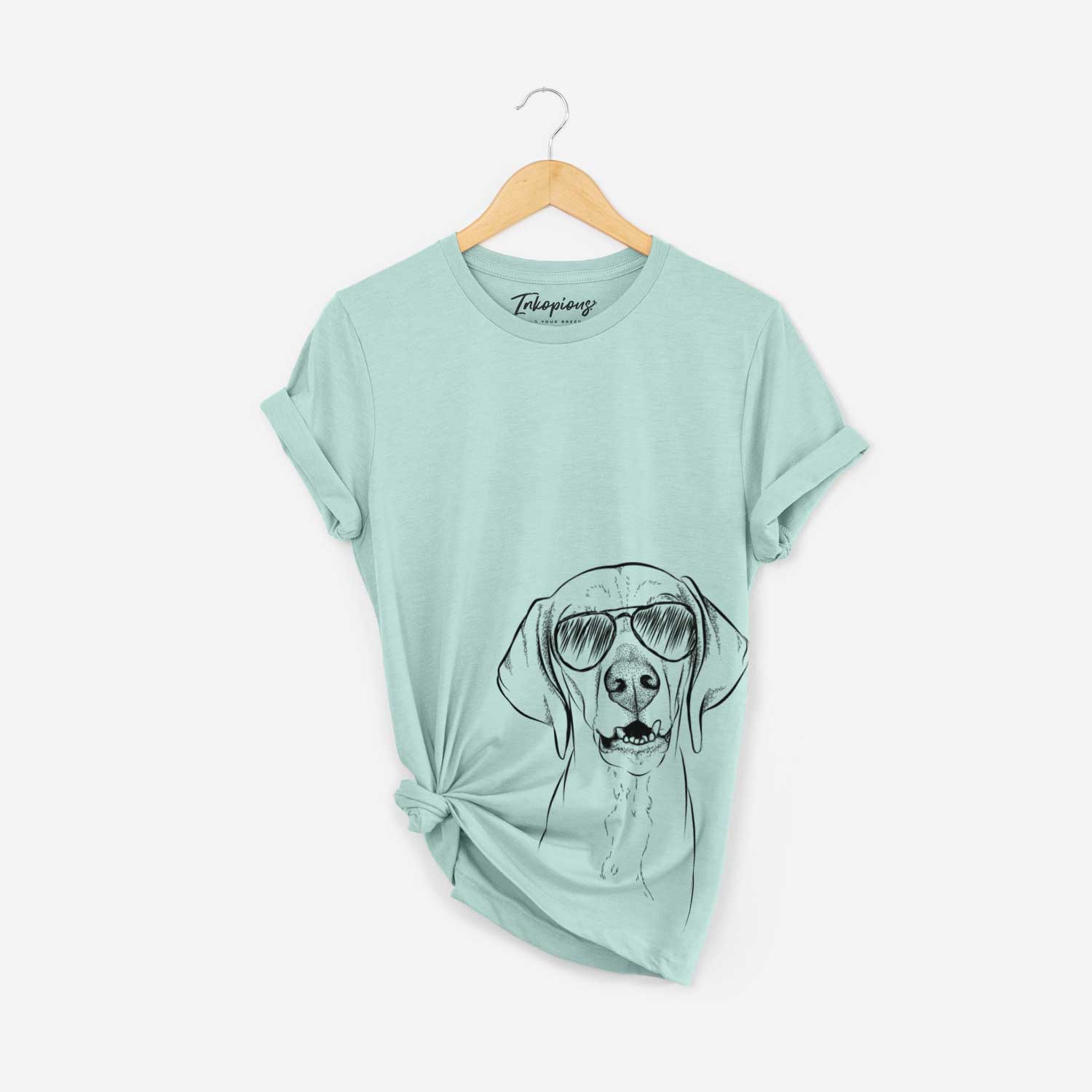 Hand-drawn sketch of Sarge the Vizsla wearing aviator sunglasses on a Heather Sage Bella Canvas Unisex Crewneck