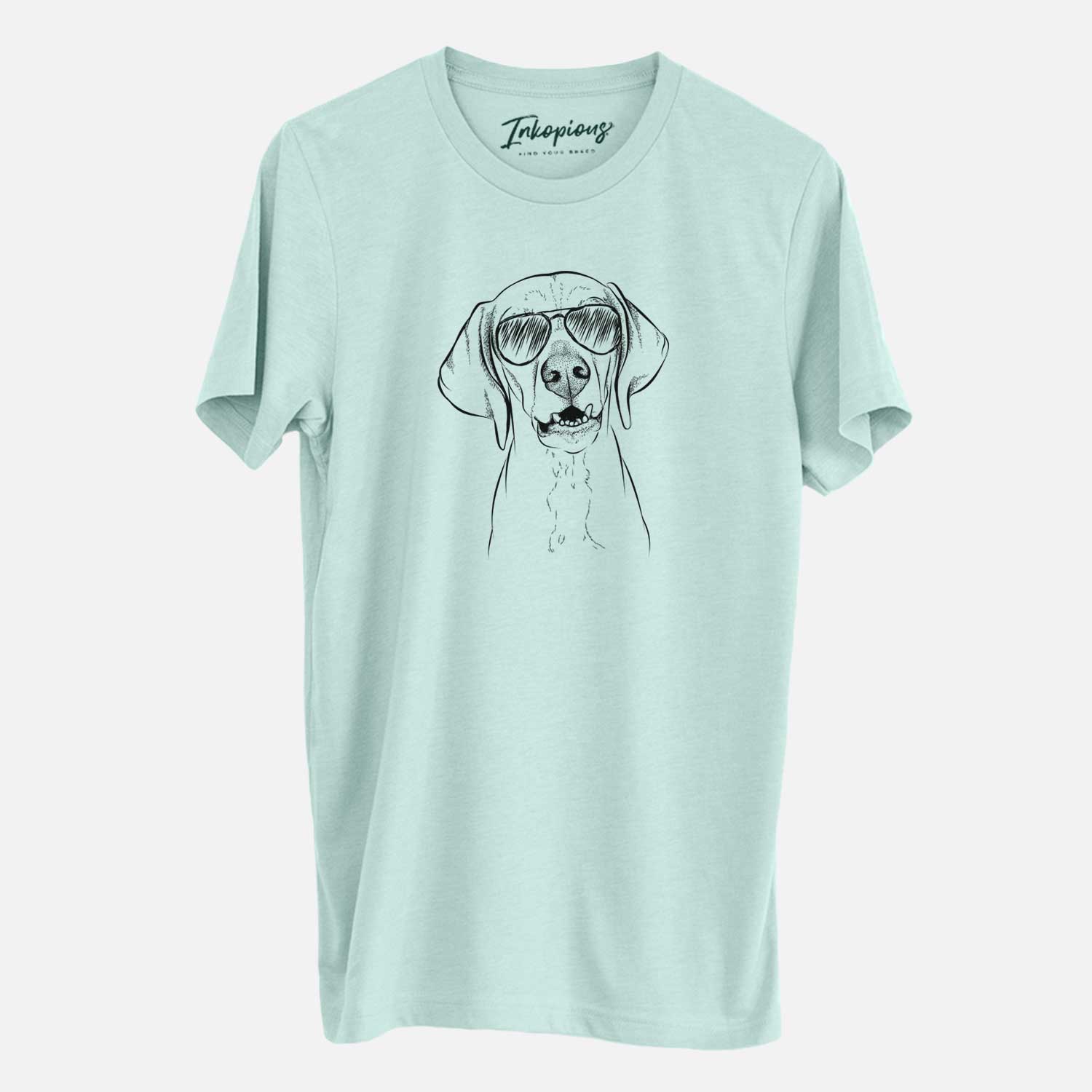 Hand-drawn sketch of Sarge the Vizsla wearing aviator sunglasses on a Heather Sage Unisex crewneck