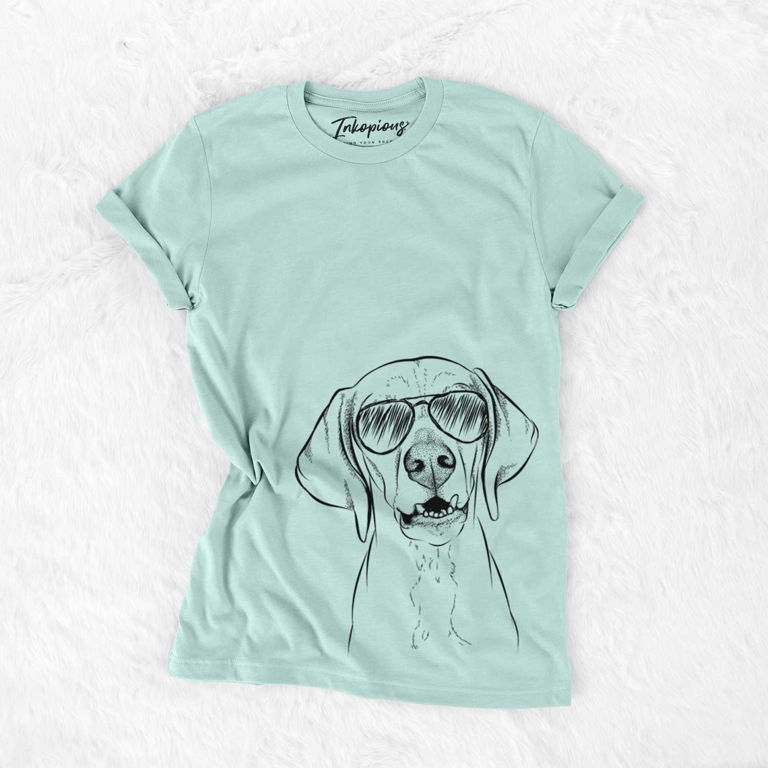 Hand-drawn sketch of Sarge the Vizsla wearing aviator sunglasses on a Heather Sage Unisex crewneck