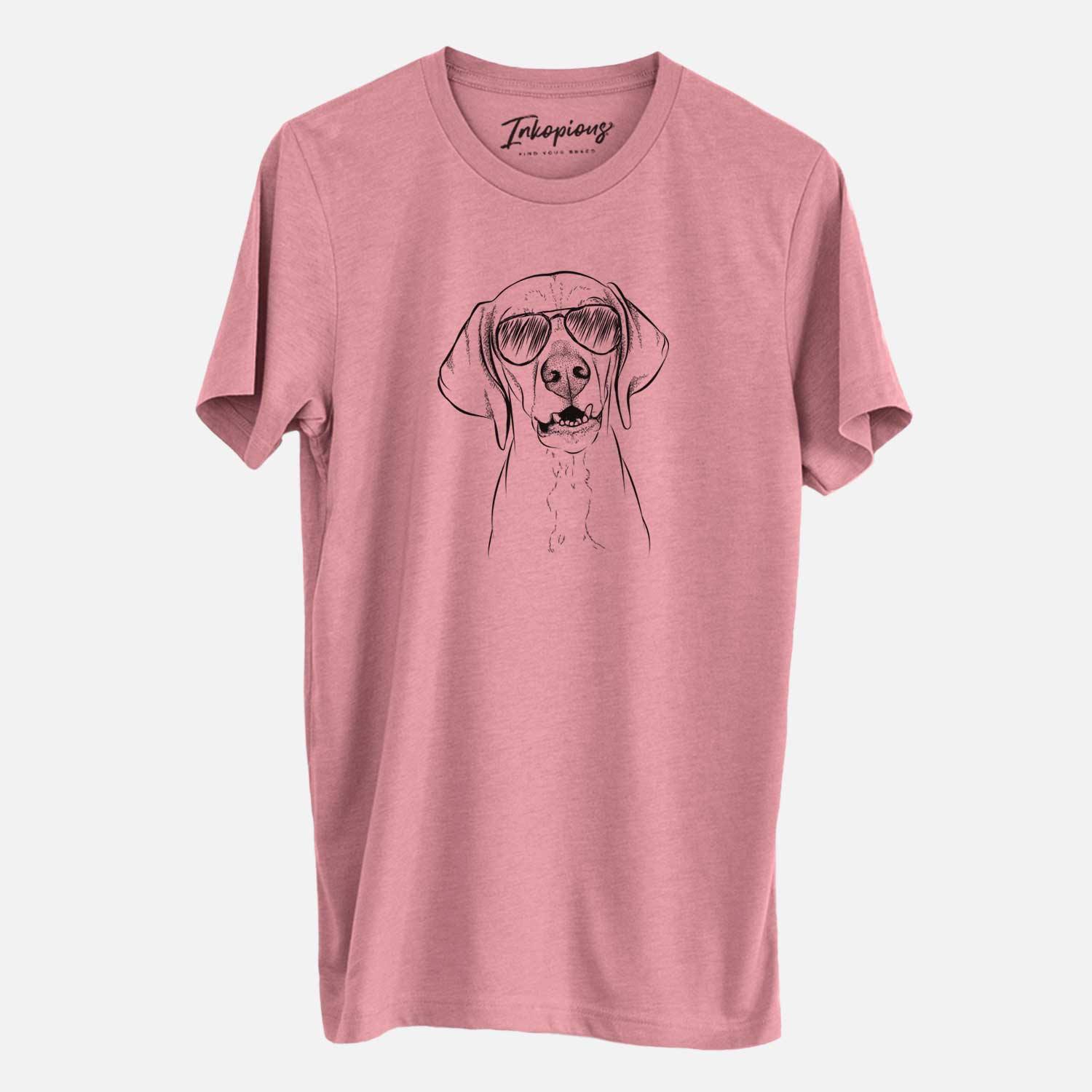 Hand-drawn sketch of Sarge the Vizsla wearing aviator sunglasses on a Mauve Unisex crewneck