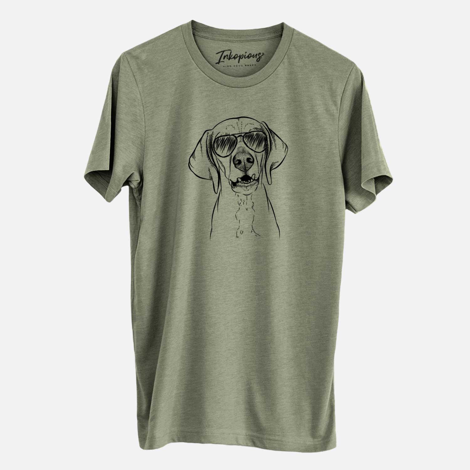 Hand-drawn sketch of Sarge the Vizsla wearing aviator sunglasses on an Olive Unisex crewneck