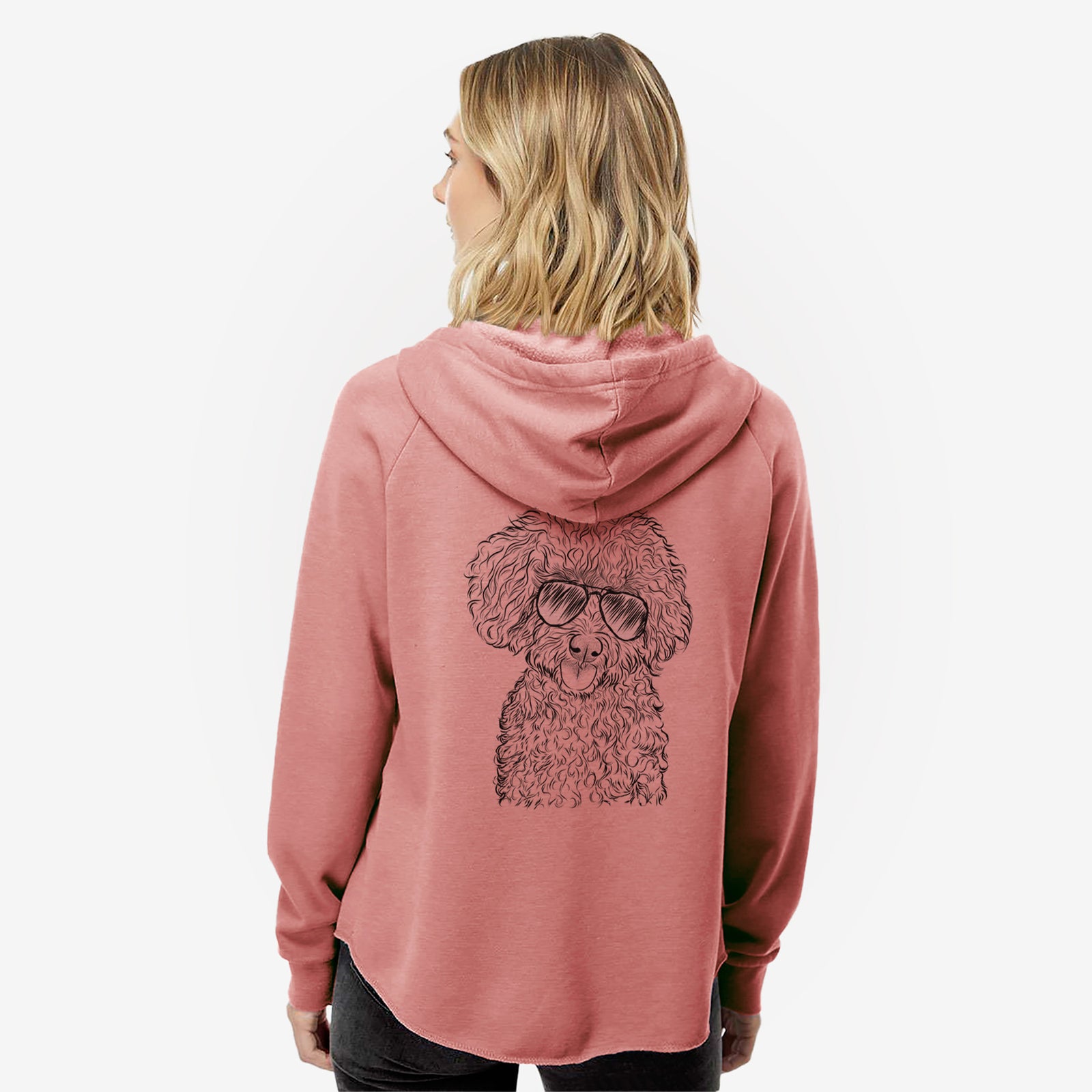 Hand-drawn sketch of Satsu the Micro Teacup Poodle wearing aviator sunglasses on a Dusty Rose Women's cali wave zip-up sweatshirt