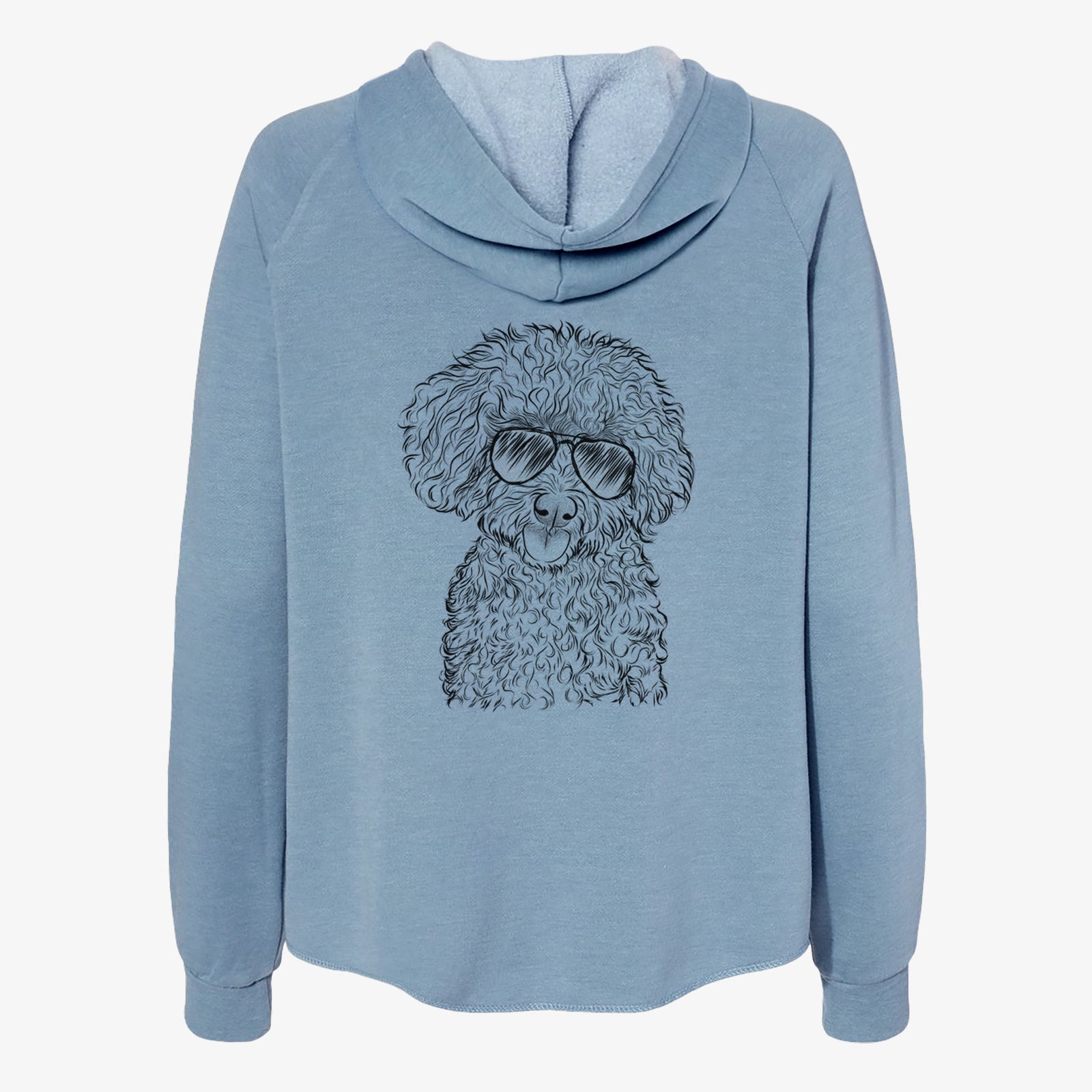 Hand-drawn sketch of Satsu the Micro Teacup Poodle wearing aviator sunglasses on a Misty Blue Women's cali wave zip-up sweatshirt