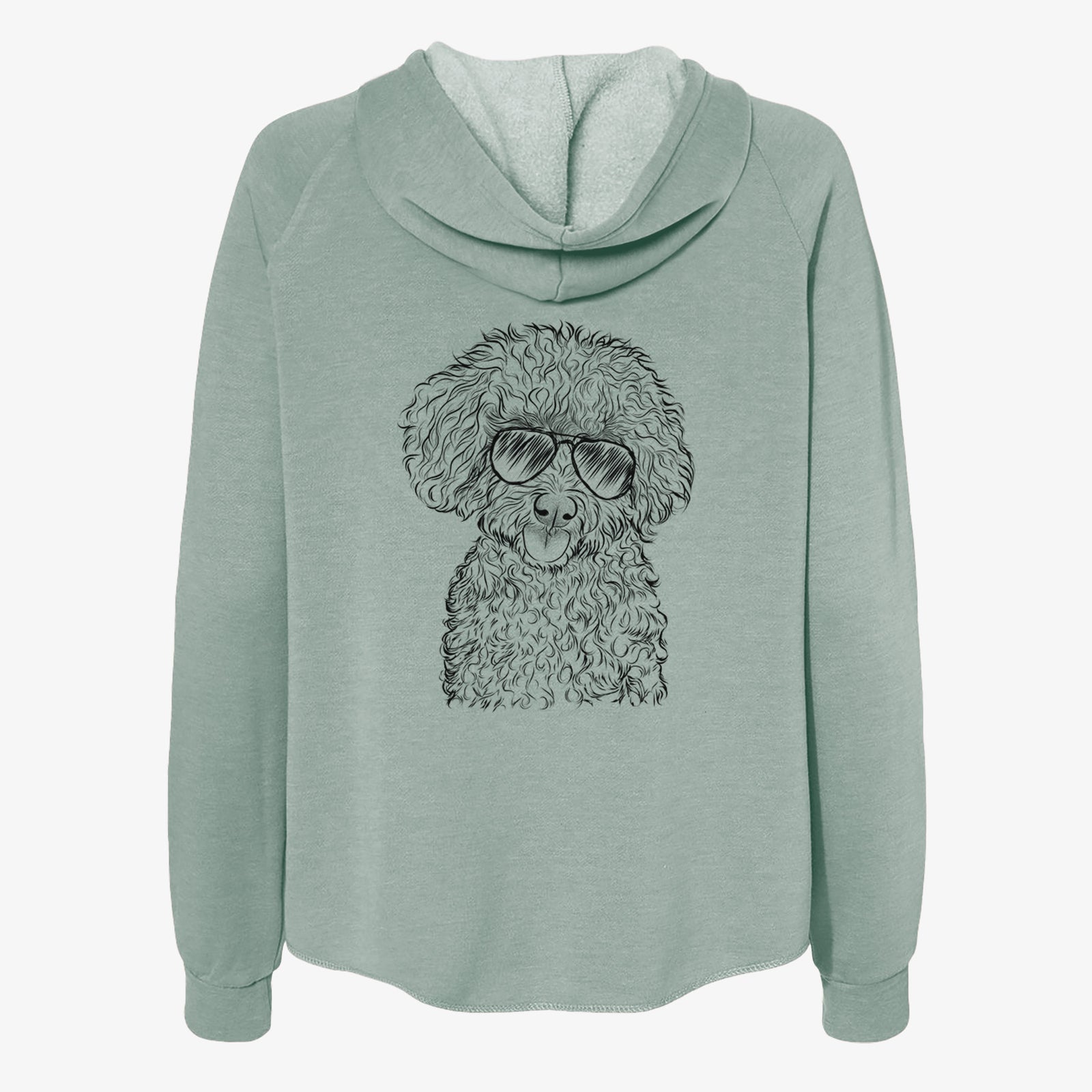 Hand-drawn sketch of Satsu the Micro Teacup Poodle wearing aviator sunglasses on a Sage Women's cali wave zip-up sweatshirt
