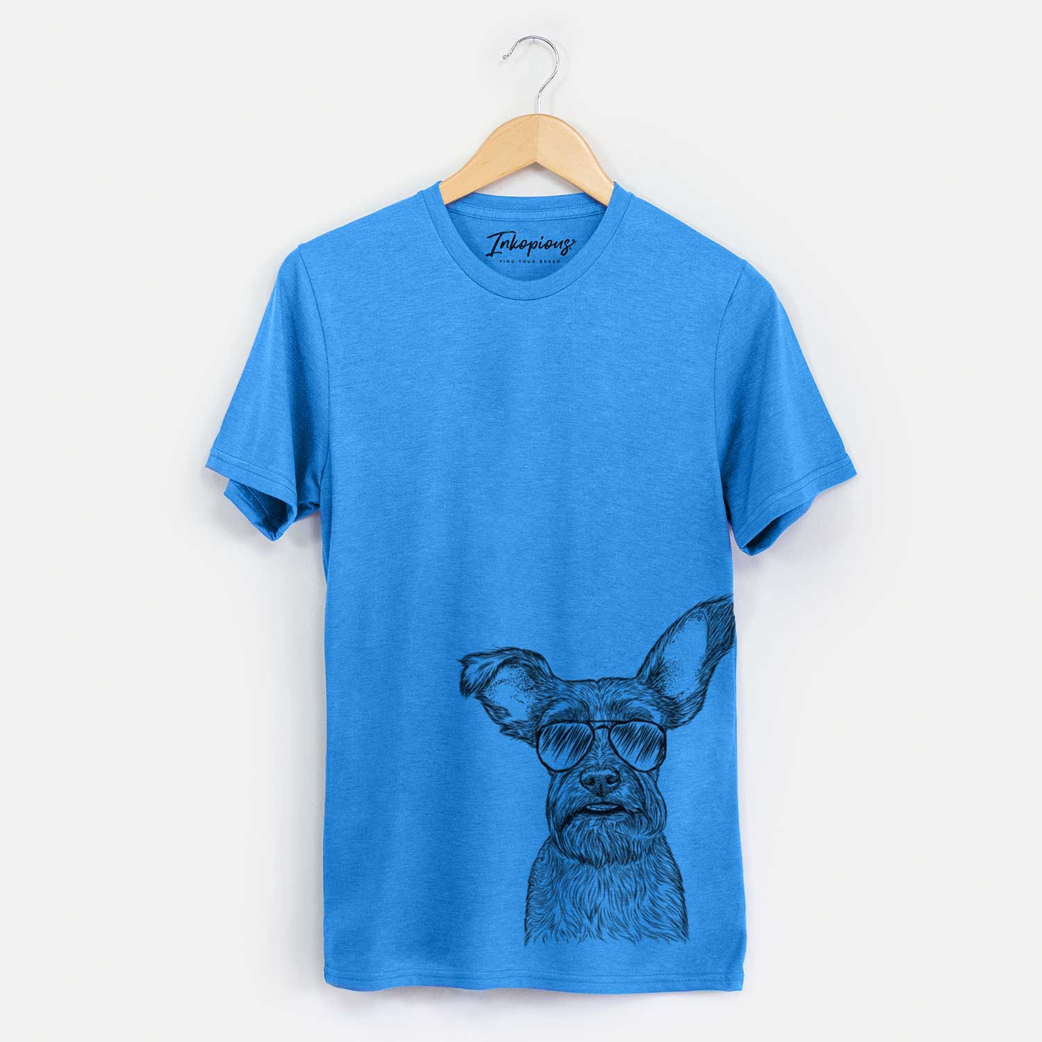 Hand-drawn sketch of Sawyer the Snorkie wearing aviator sunglasses on a Blue Unisex crewneck