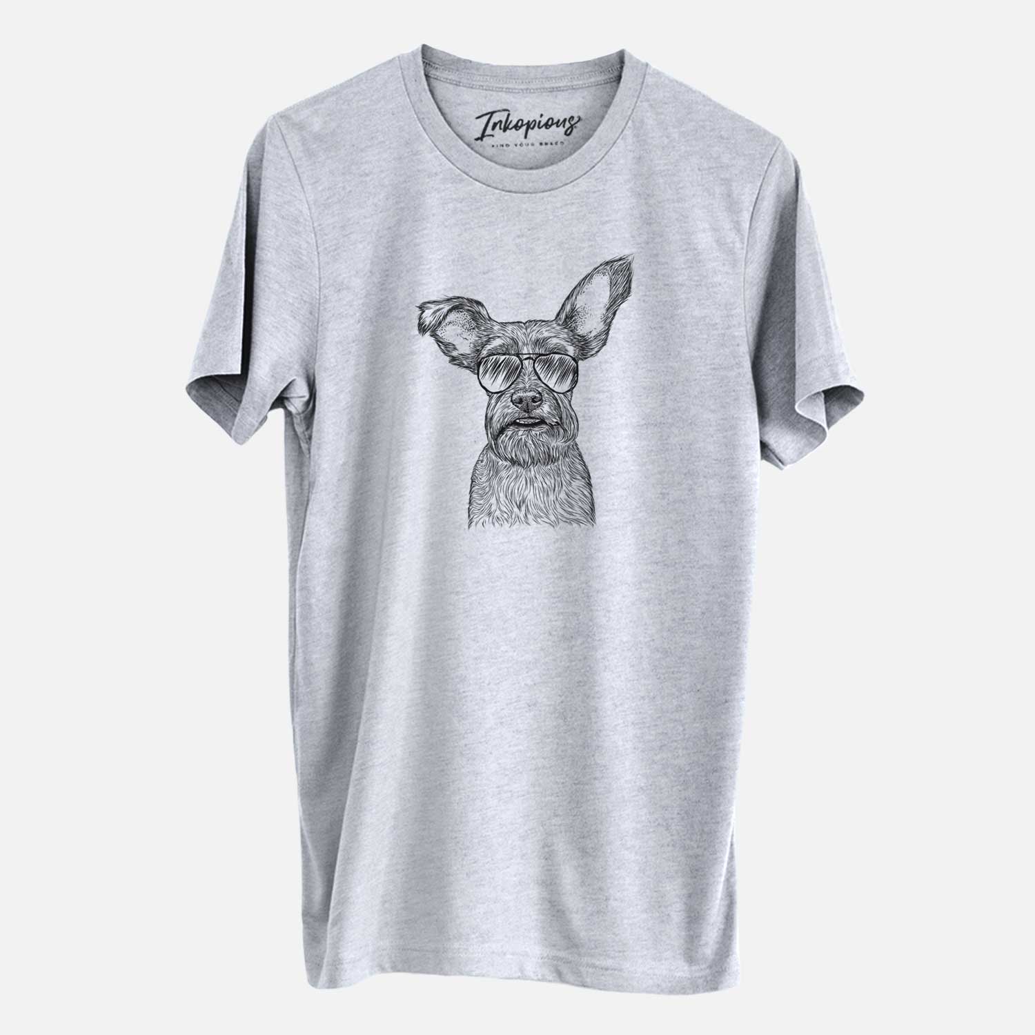 Hand-drawn sketch of Sawyer the Snorkie wearing aviator sunglasses on a Grey Unisex crewneck