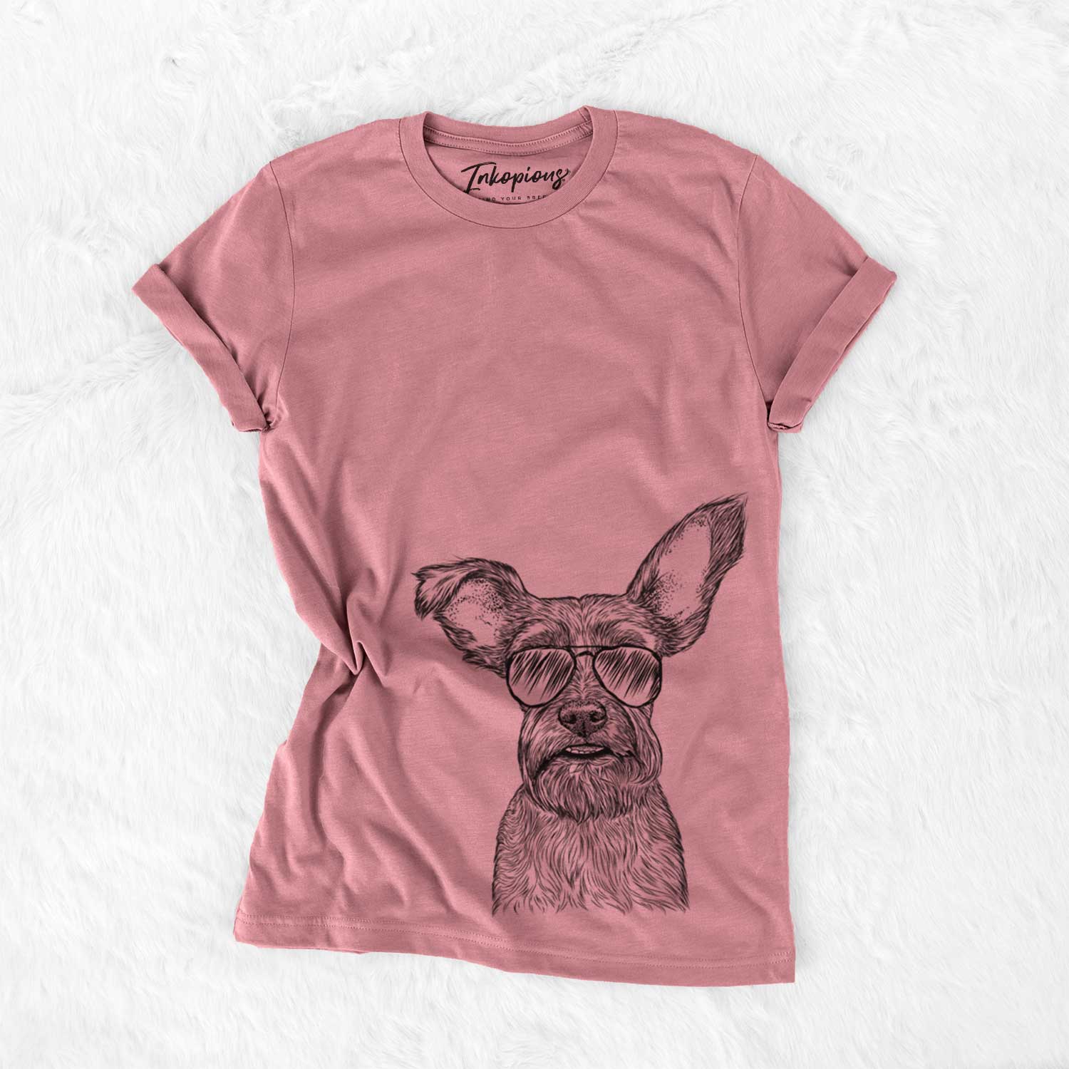 Hand-drawn sketch of Sawyer the Snorkie wearing aviator sunglasses on a Mauve Unisex crewneck