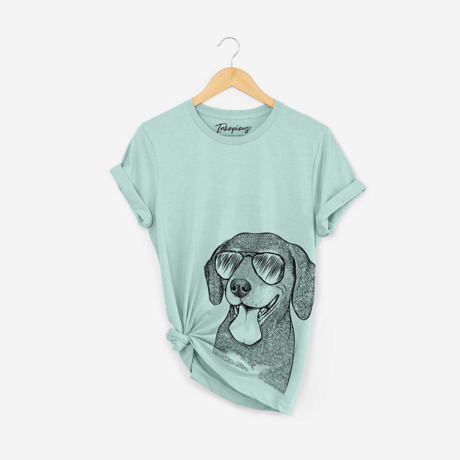 Hand-drawn sketch of Scarlett the Beagle wearing aviator sunglasses on a Heather Sage Bella Canvas Unisex Crewneck