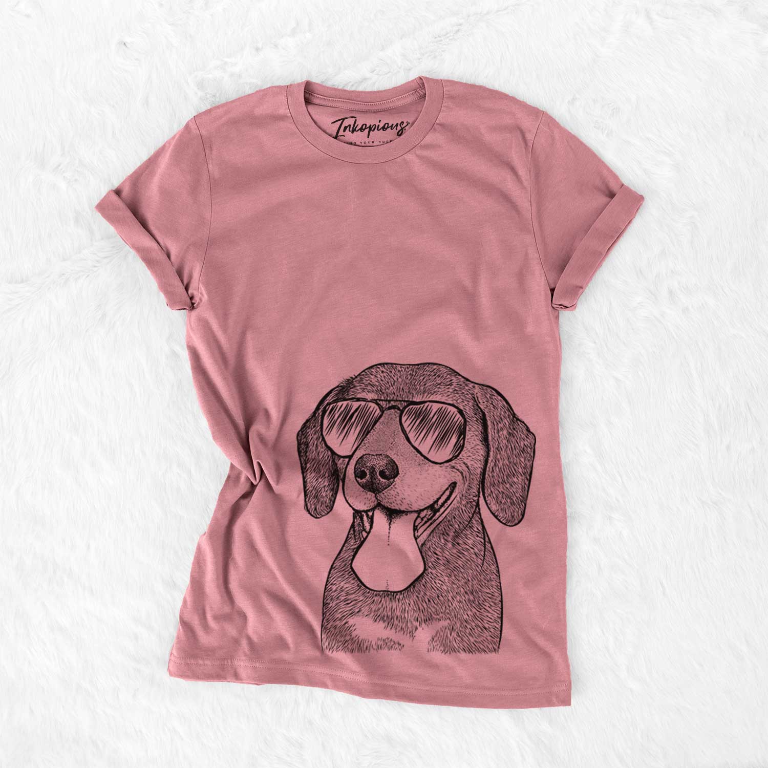 Hand-drawn sketch of Scarlett the Beagle wearing aviator sunglasses on a Mauve Bella Canvas Unisex Crewneck