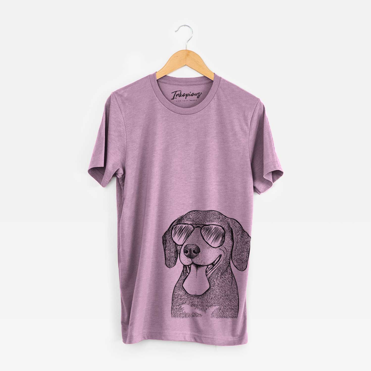Hand-drawn sketch of Scarlett the Beagle wearing aviator sunglasses on an Orchid Bella Canvas Unisex Crewneck