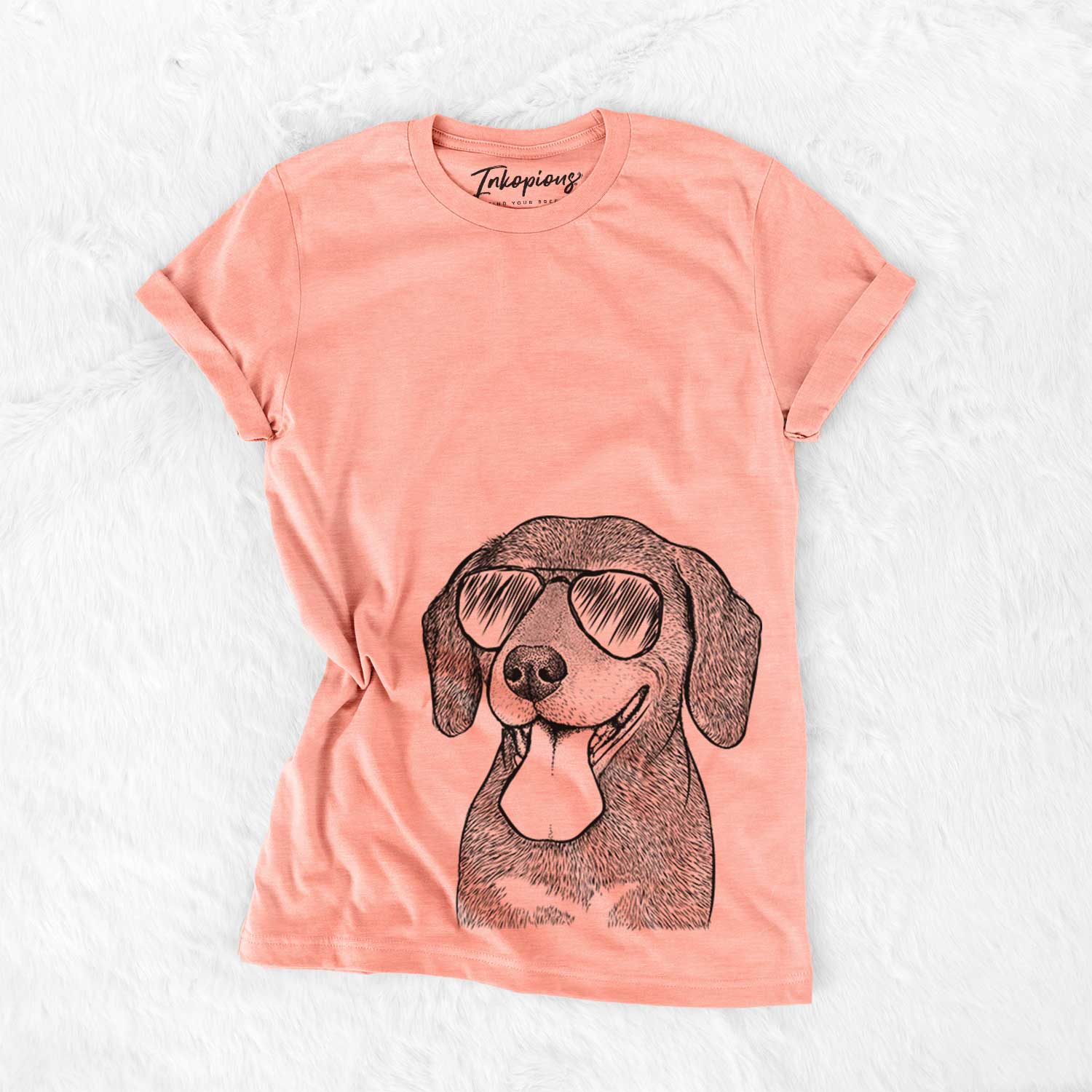 Hand-drawn sketch of Scarlett the Beagle wearing aviator sunglasses on a Sunset Bella Canvas Unisex Crewneck