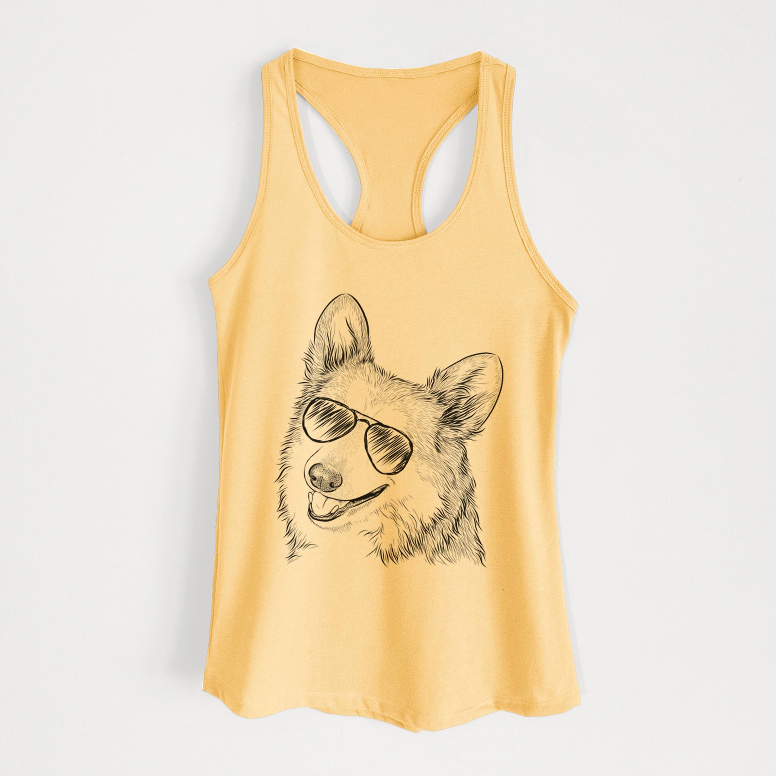 Hand-drawn sketch of Scout the Pembroke Welsh Corgi wearing aviator sunglasses on a Banana Cream Women's racerback tanktop