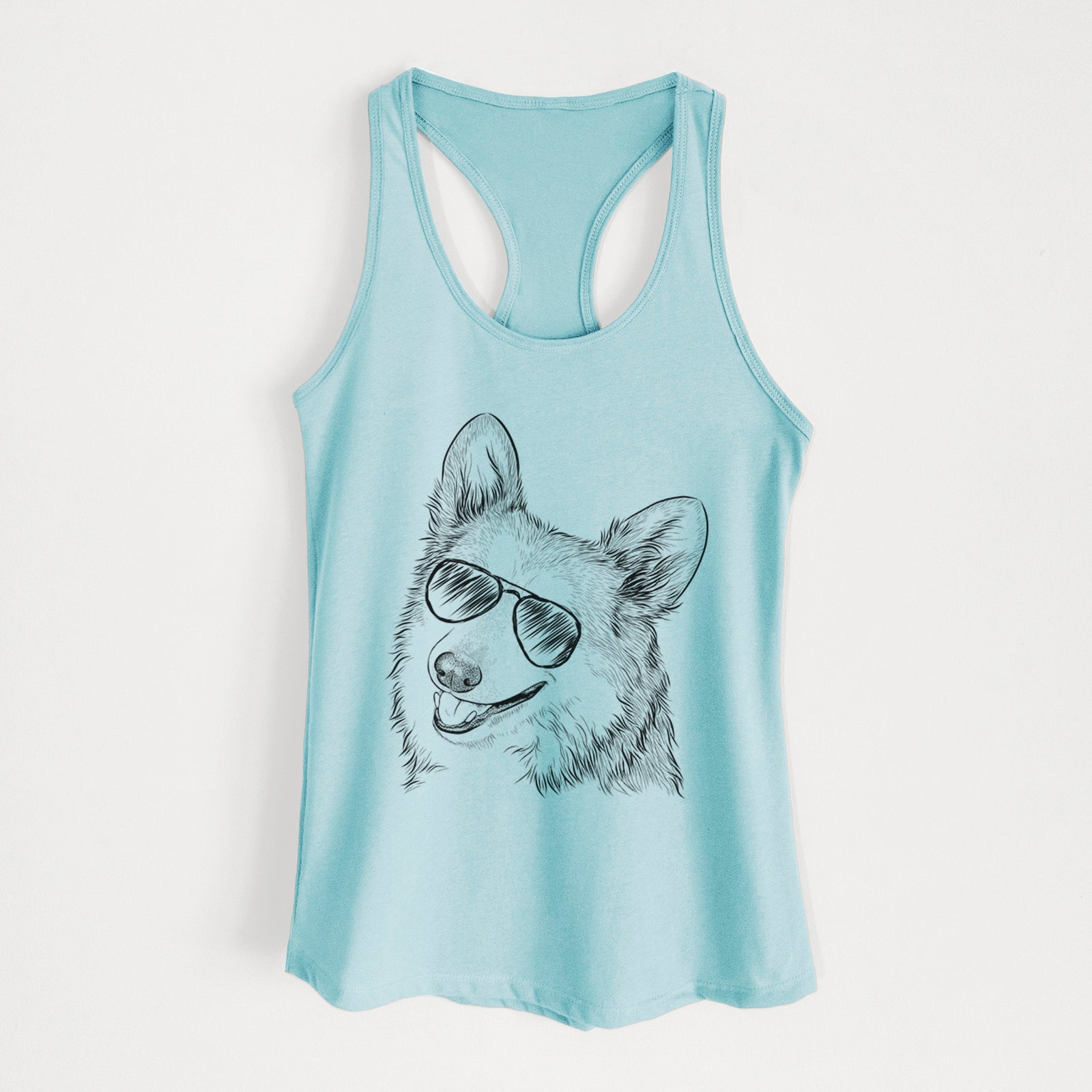 Hand-drawn sketch of Scout the Pembroke Welsh Corgi wearing aviator sunglasses on a Cancun Blue Women's racerback tanktop