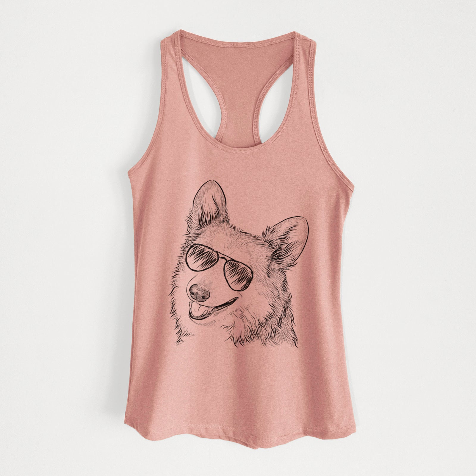 Hand-drawn sketch of Scout the Pembroke Welsh Corgi wearing aviator sunglasses on a Desert Pink Women's racerback tanktop