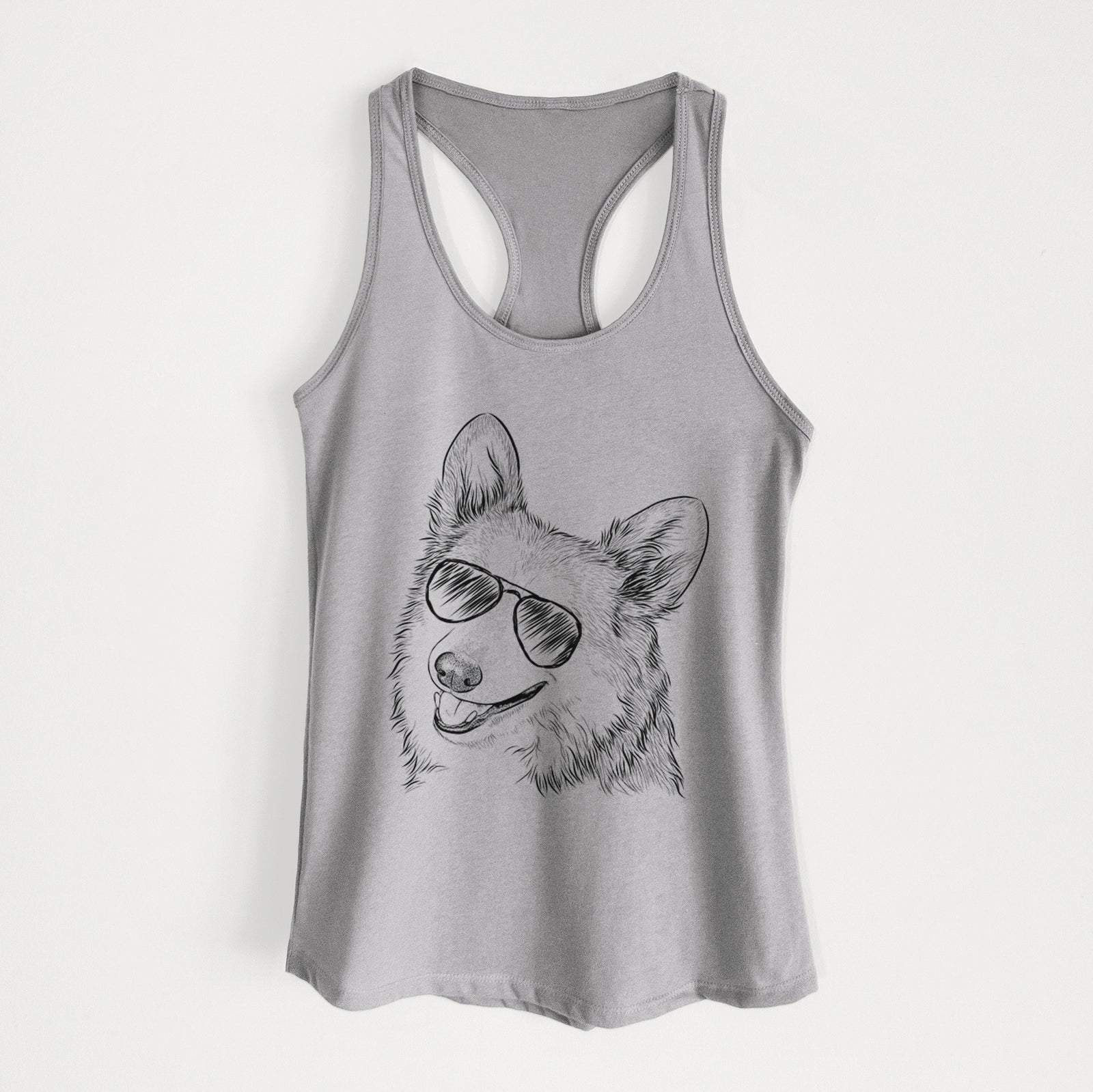 Hand-drawn sketch of Scout the Pembroke Welsh Corgi wearing aviator sunglasses on a Heather Grey Women's racerback tanktop