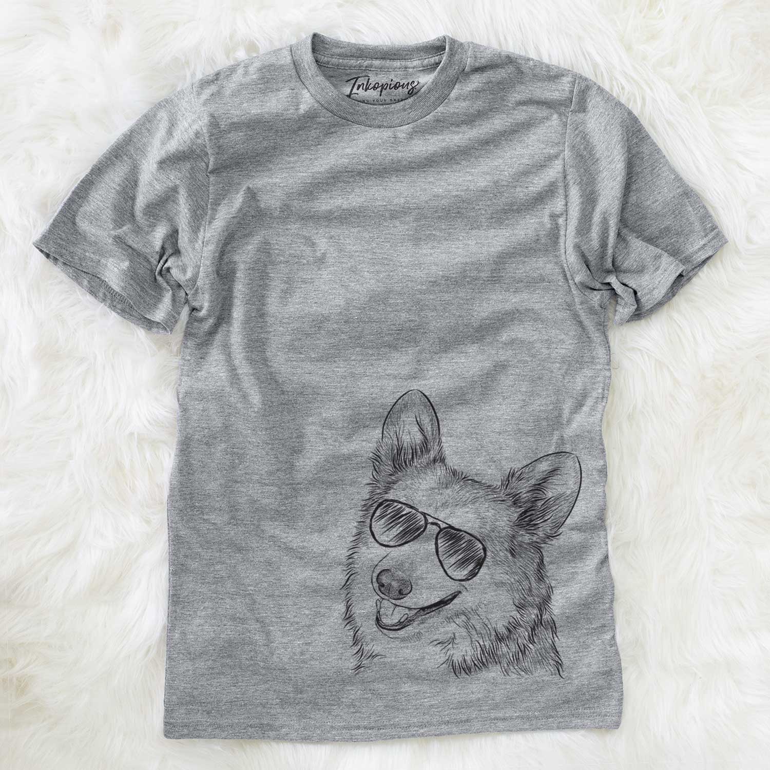 Hand-drawn sketch of Scout the Pembroke Welsh Corgi wearing aviator sunglasses on a Grey Unisex crewneck
