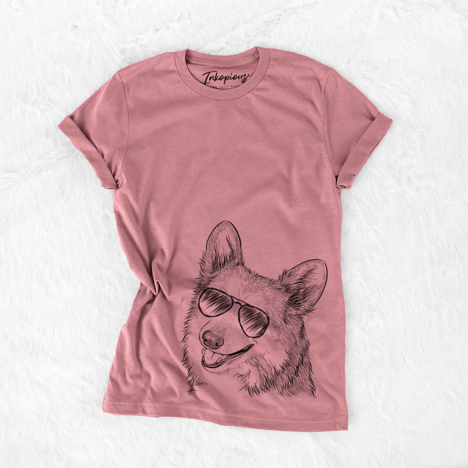 Hand-drawn sketch of Scout the Pembroke Welsh Corgi wearing aviator sunglasses on a Mauve Bella Canvas Unisex Crewneck