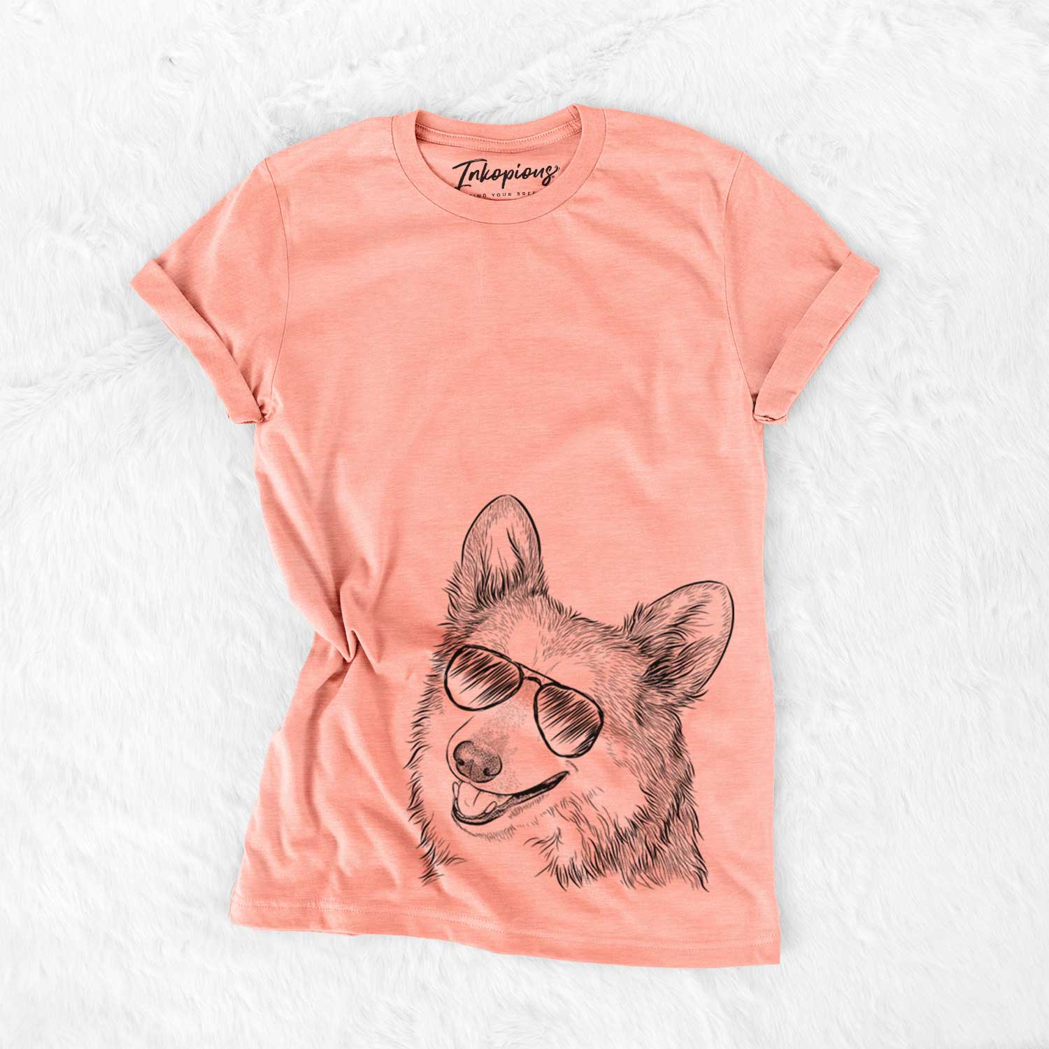 Hand-drawn sketch of Scout the Pembroke Welsh Corgi wearing aviator sunglasses on a Sunset Bella Canvas Unisex Crewneck