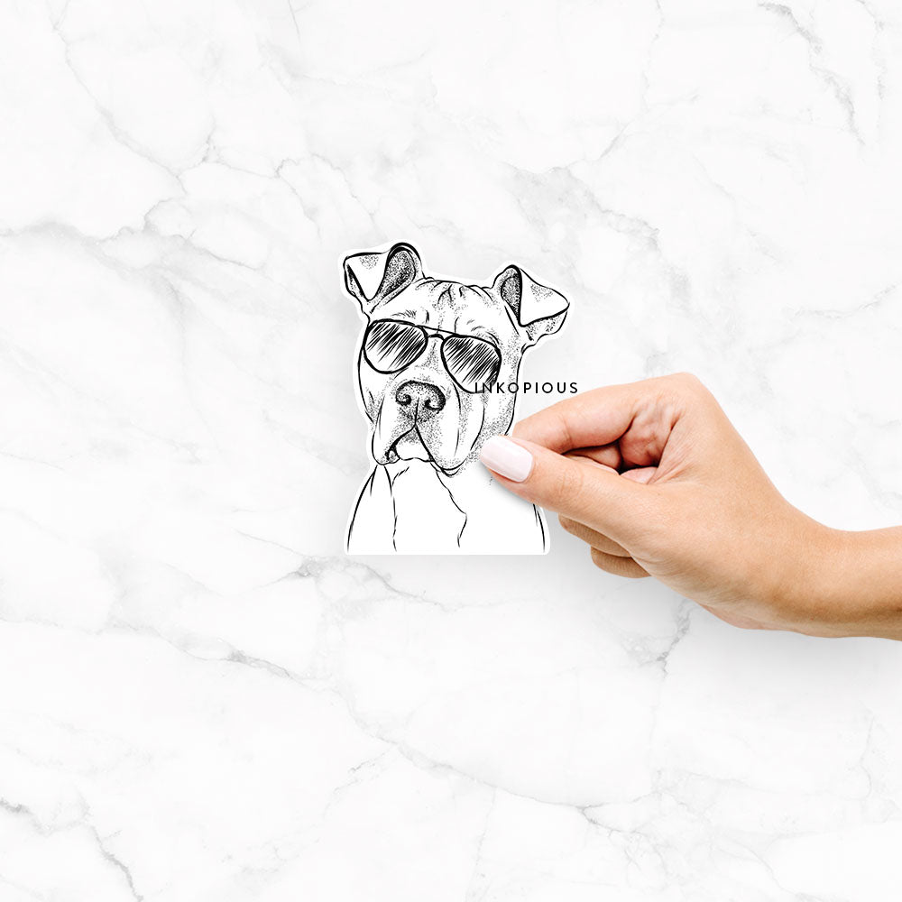 Hand-drawn sketch of Scraps the AmStaff Mix wearing aviator sunglasses on a decal sticker