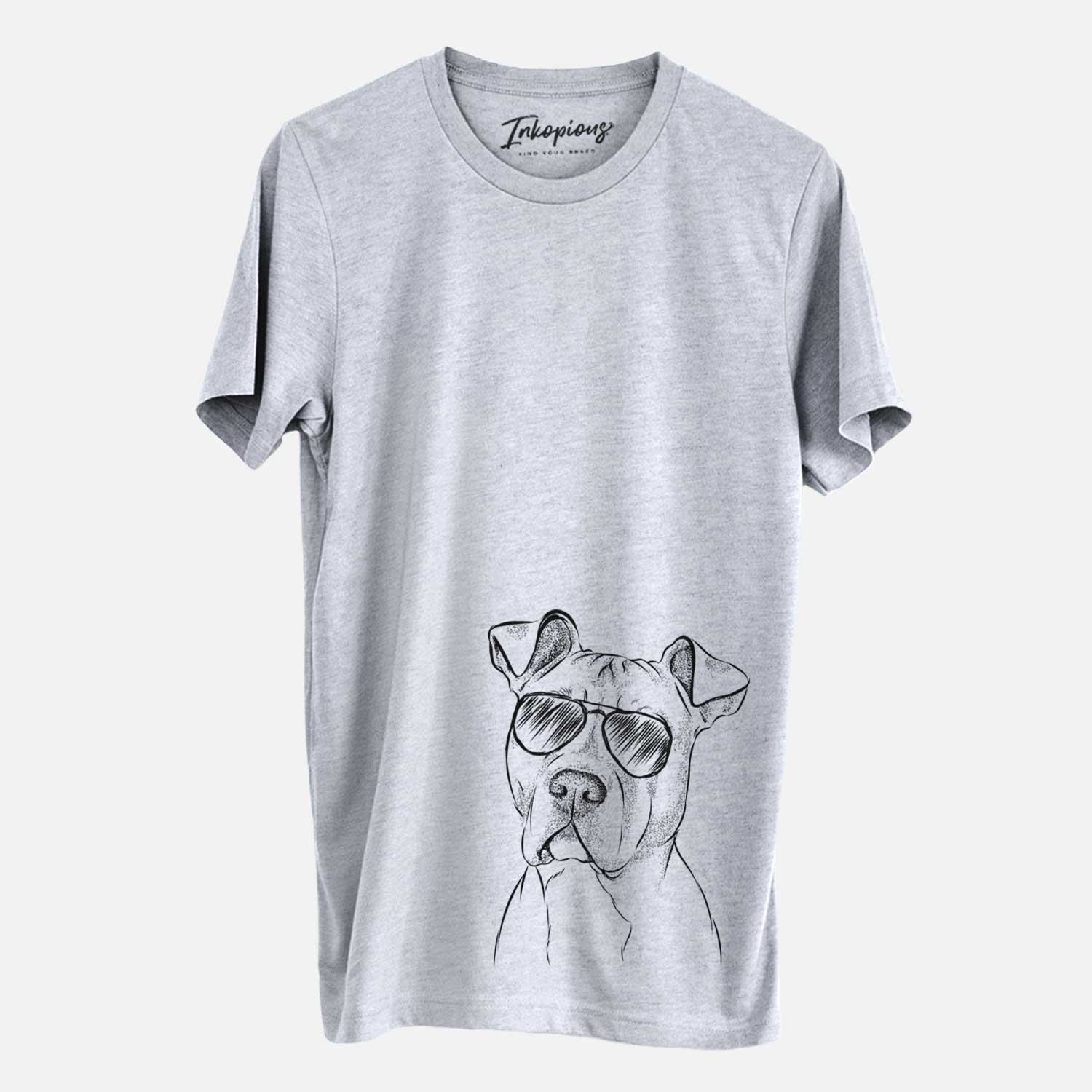 Hand-drawn sketch of Scraps the American Staffordshire Mix wearing aviator sunglasses on a Grey Unisex crewneck