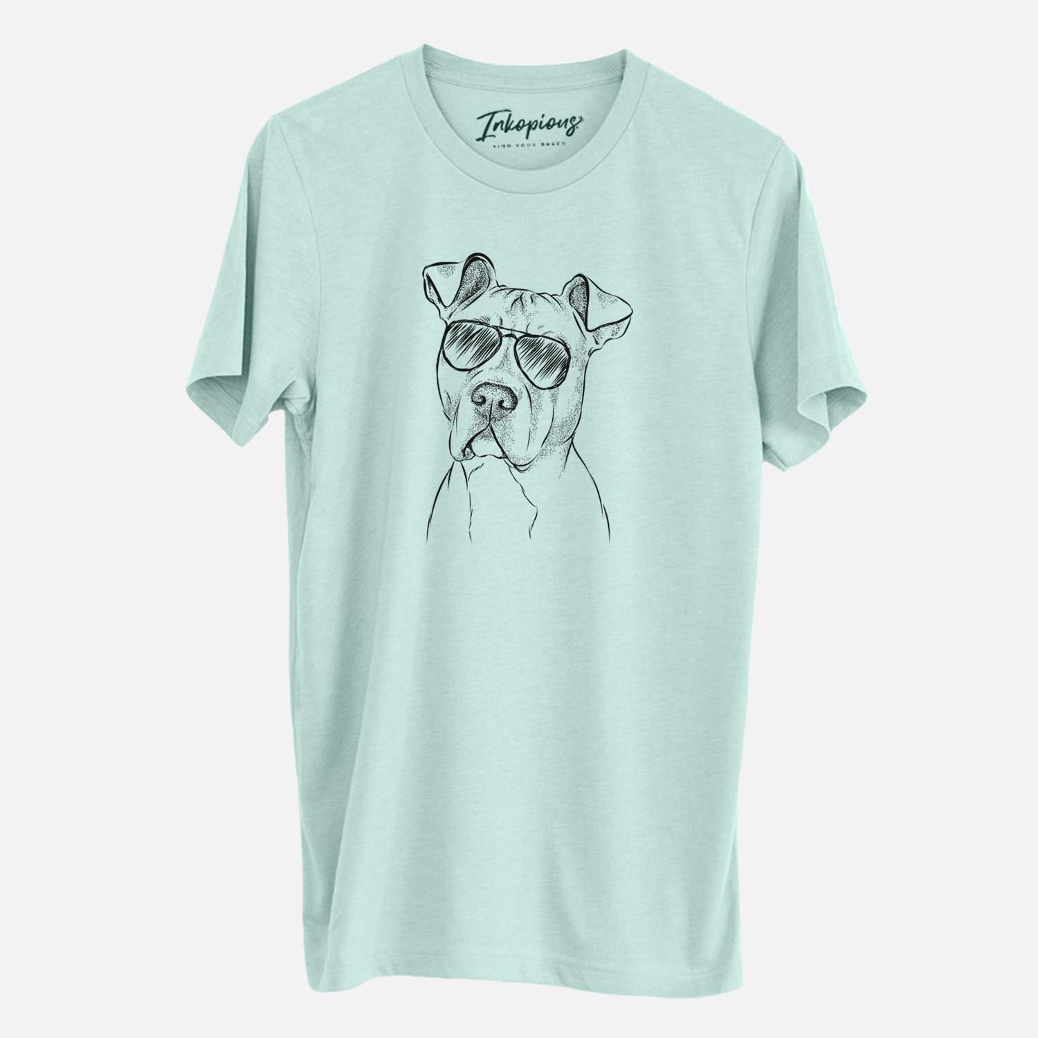 Hand-drawn sketch of Scraps the American Staffordshire Mix wearing aviator sunglasses on a Heather Sage Unisex crewneck