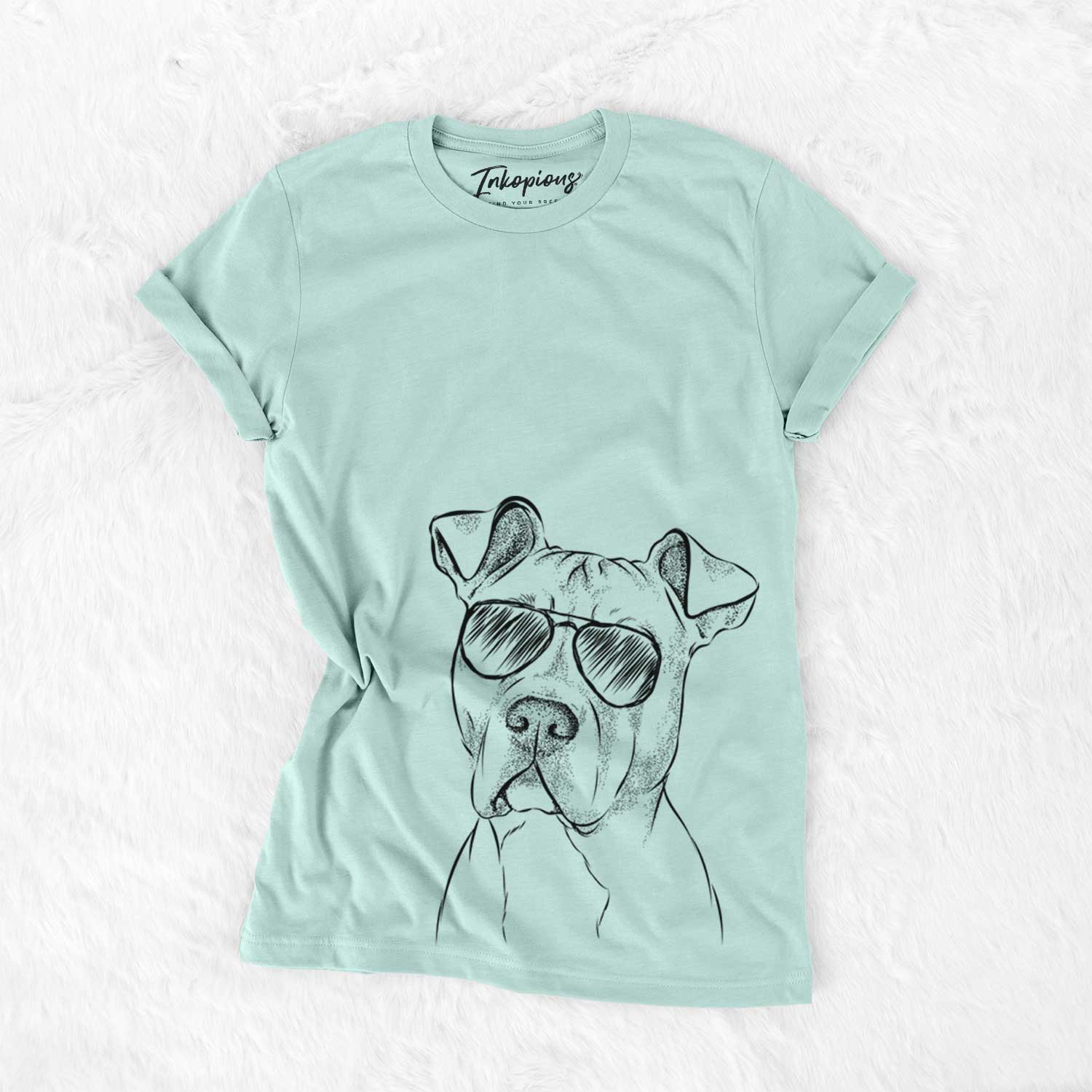 Hand-drawn sketch of Scraps the American Staffordshire Mix wearing aviator sunglasses on a Heather Sage Unisex crewneck