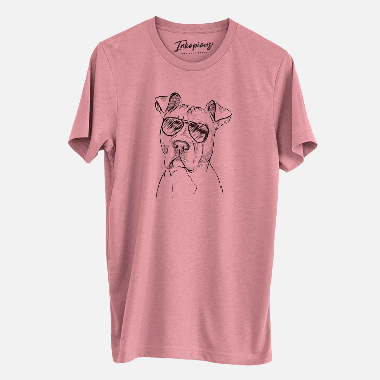 Hand-drawn sketch of Scraps the American Staffordshire Mix wearing aviator sunglasses on a Mauve Unisex crewneck