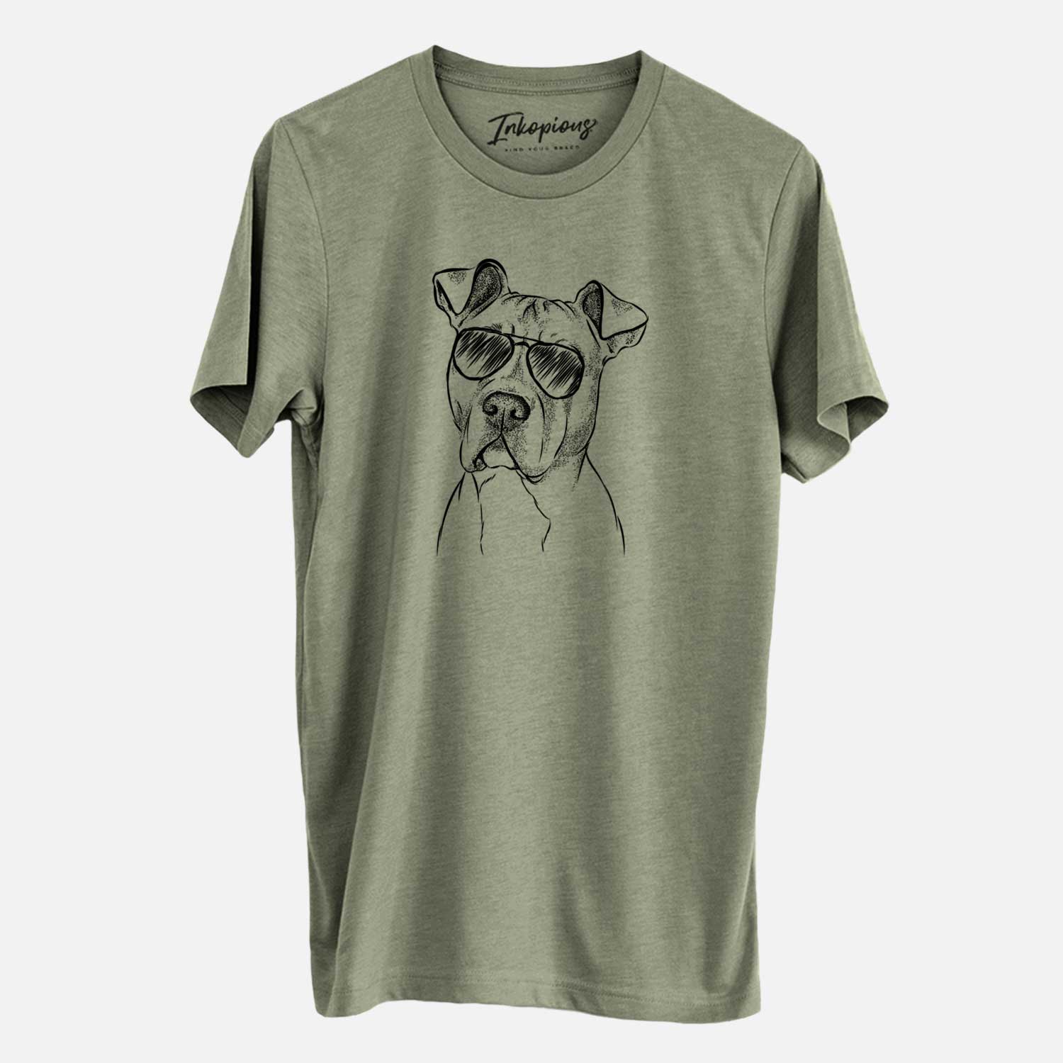 Hand-drawn sketch of Scraps the American Staffordshire Mix wearing aviator sunglasses on an Olive Unisex crewneck