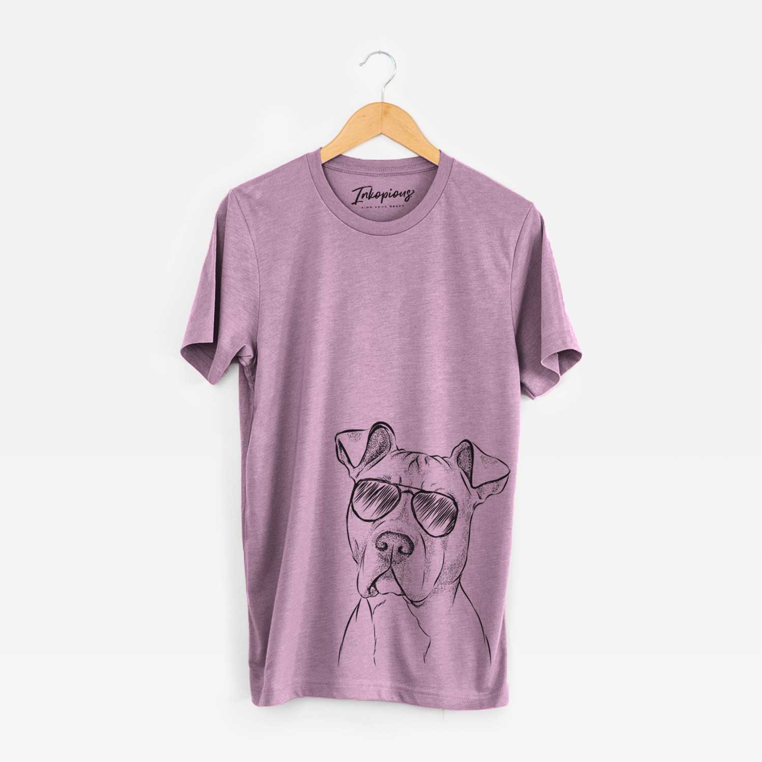 Hand-drawn sketch of Scraps the American Staffordshire Mix wearing aviator sunglasses on an Orchid Unisex crewneck