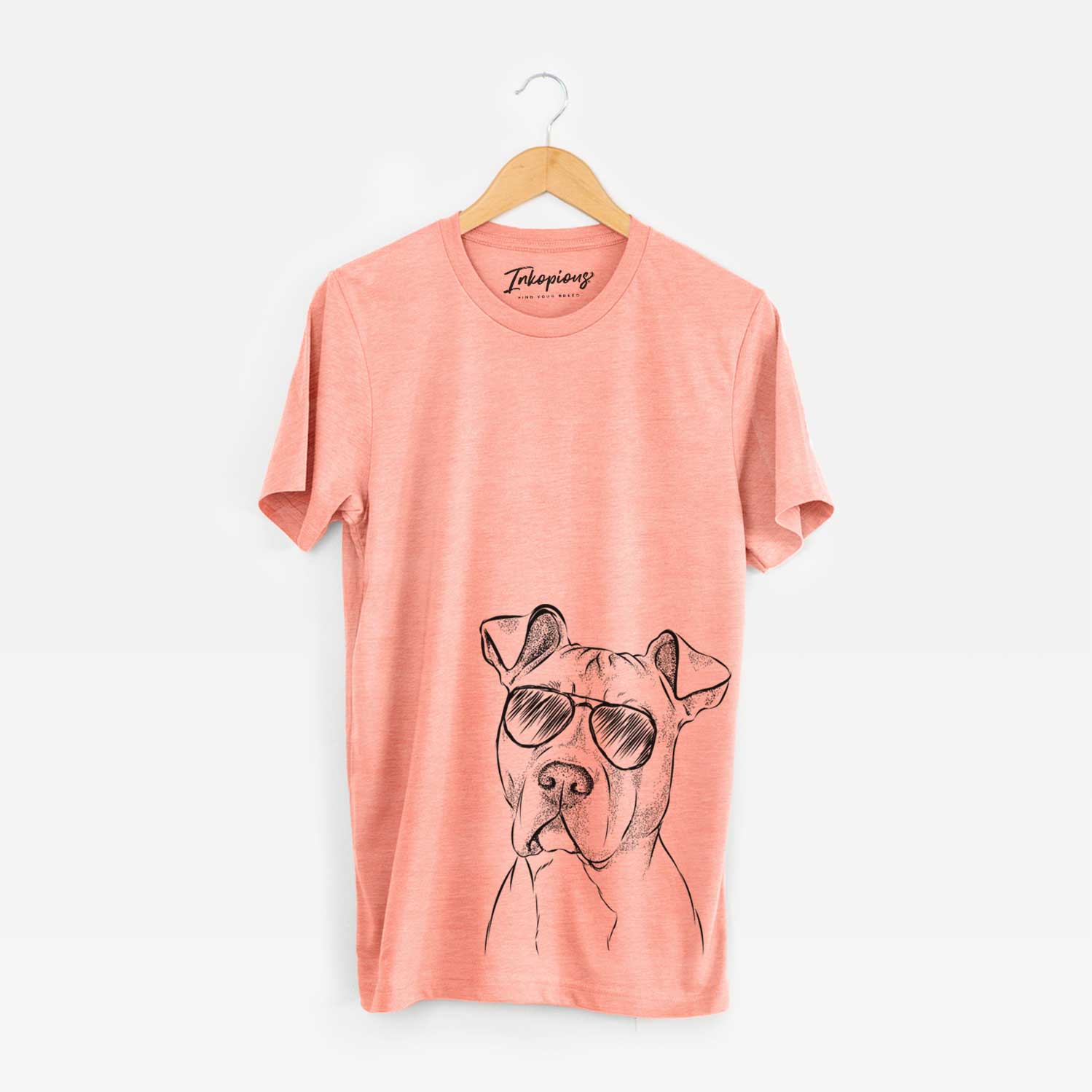 Hand-drawn sketch of Scraps the American Staffordshire Mix wearing aviator sunglasses on a Sunset Unisex crewneck