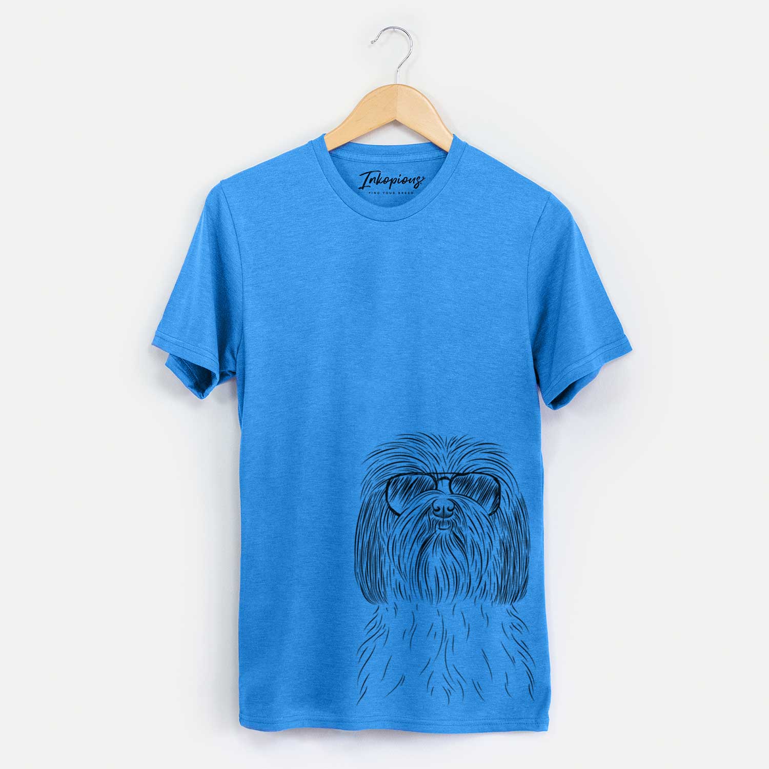 Hand-drawn sketch of Scully the Shih Tzu wearing aviator sunglasses on a Blue Unisex crewneck