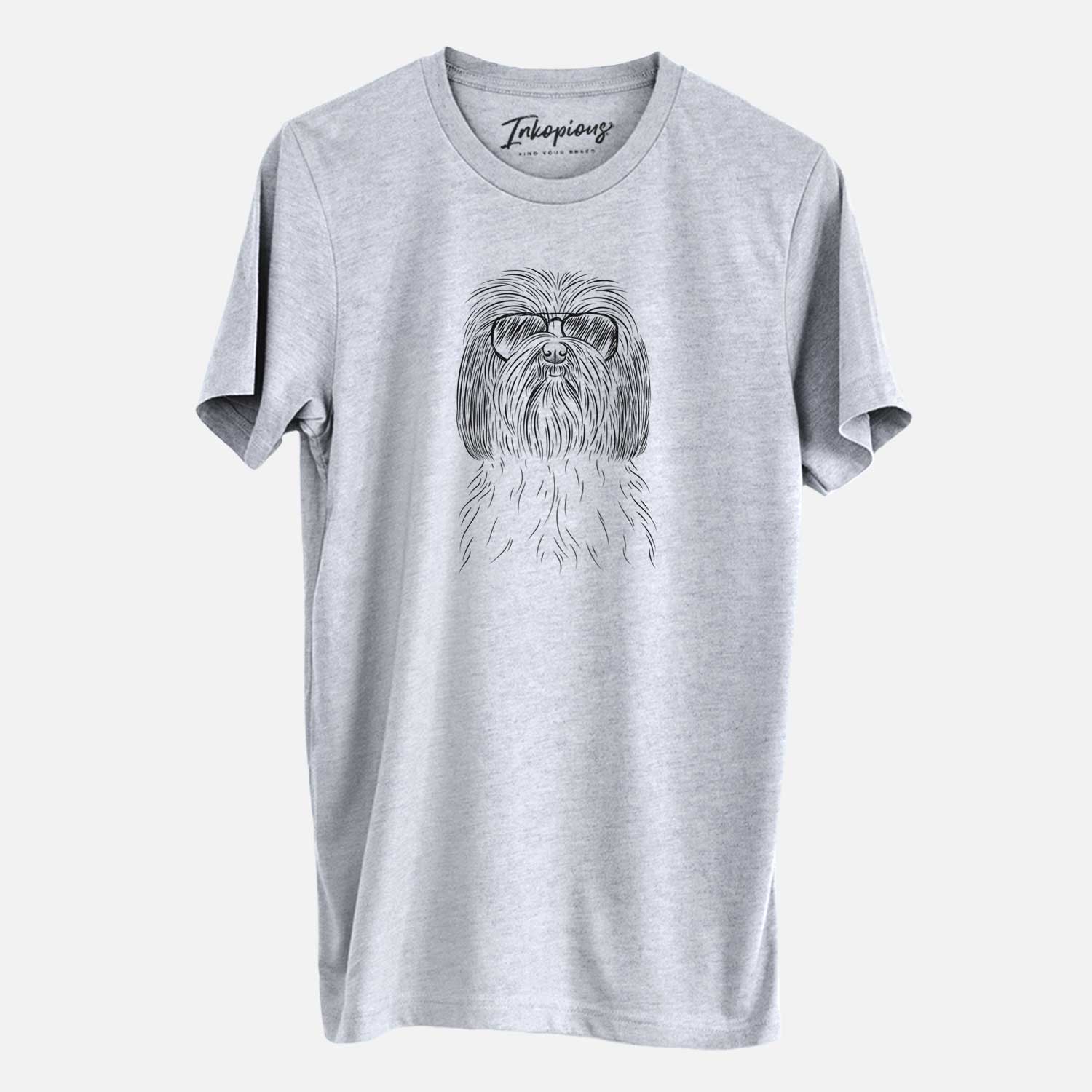 Hand-drawn sketch of Scully the Shih Tzu wearing aviator sunglasses on a Grey Unisex crewneck