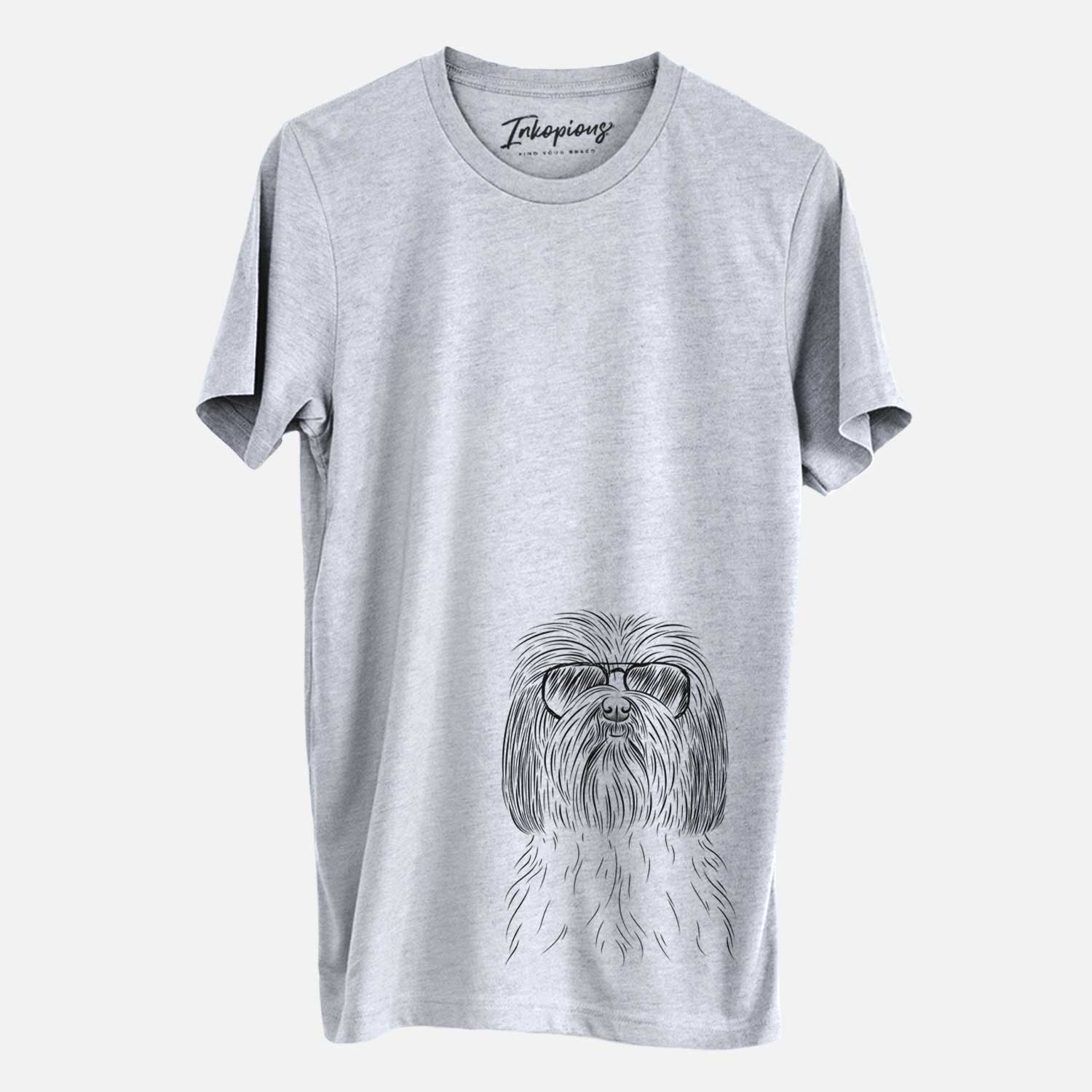 Hand-drawn sketch of Scully the Shih Tzu wearing aviator sunglasses on a Grey Unisex crewneck